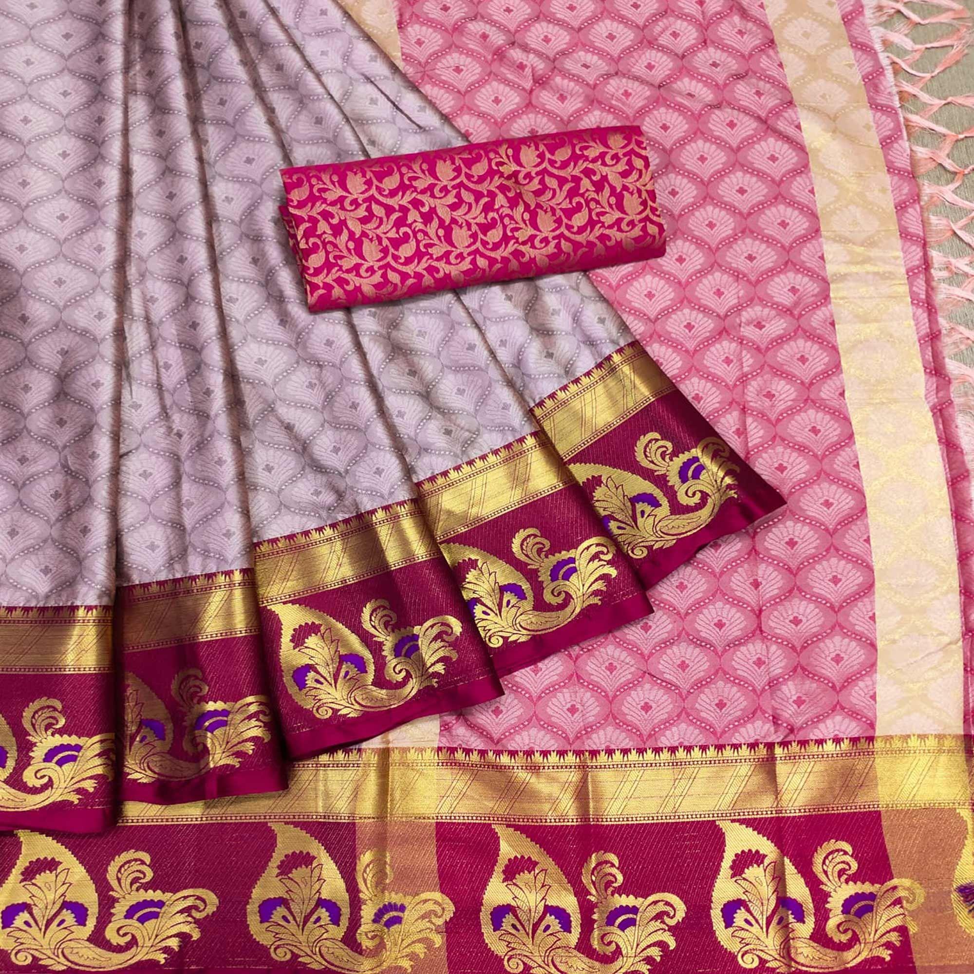 Mauve Woven Cotton Silk Saree With Tassels - Peachmode