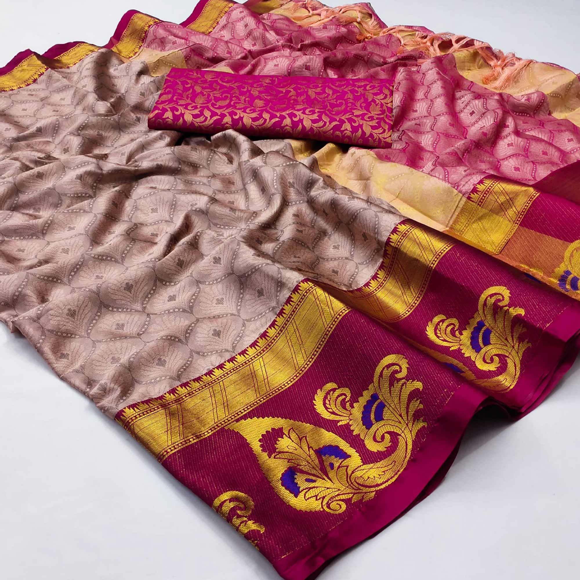 Mauve Woven Cotton Silk Saree With Tassels - Peachmode