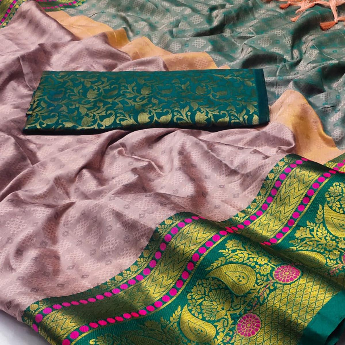 Mauve Woven Cotton Silk Saree With Tassels - Peachmode