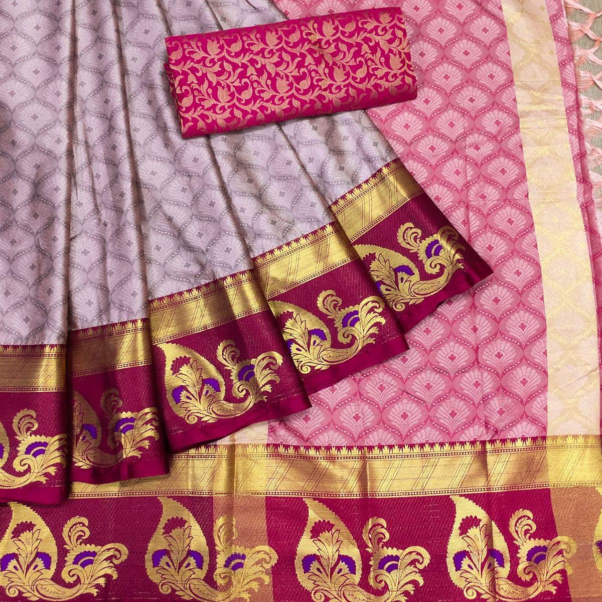 Mauve Woven Cotton Silk Saree With Tassels - Peachmode