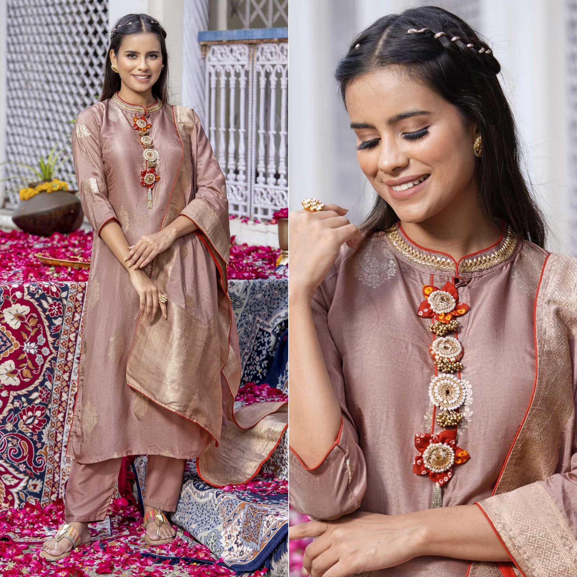 Mauve Woven Dola Silk Kurti Pant Set With Dupatta - Peachmode