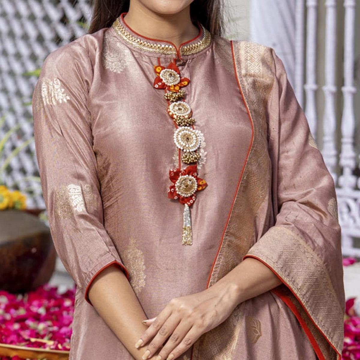 Mauve Woven Dola Silk Kurti Pant Set With Dupatta - Peachmode