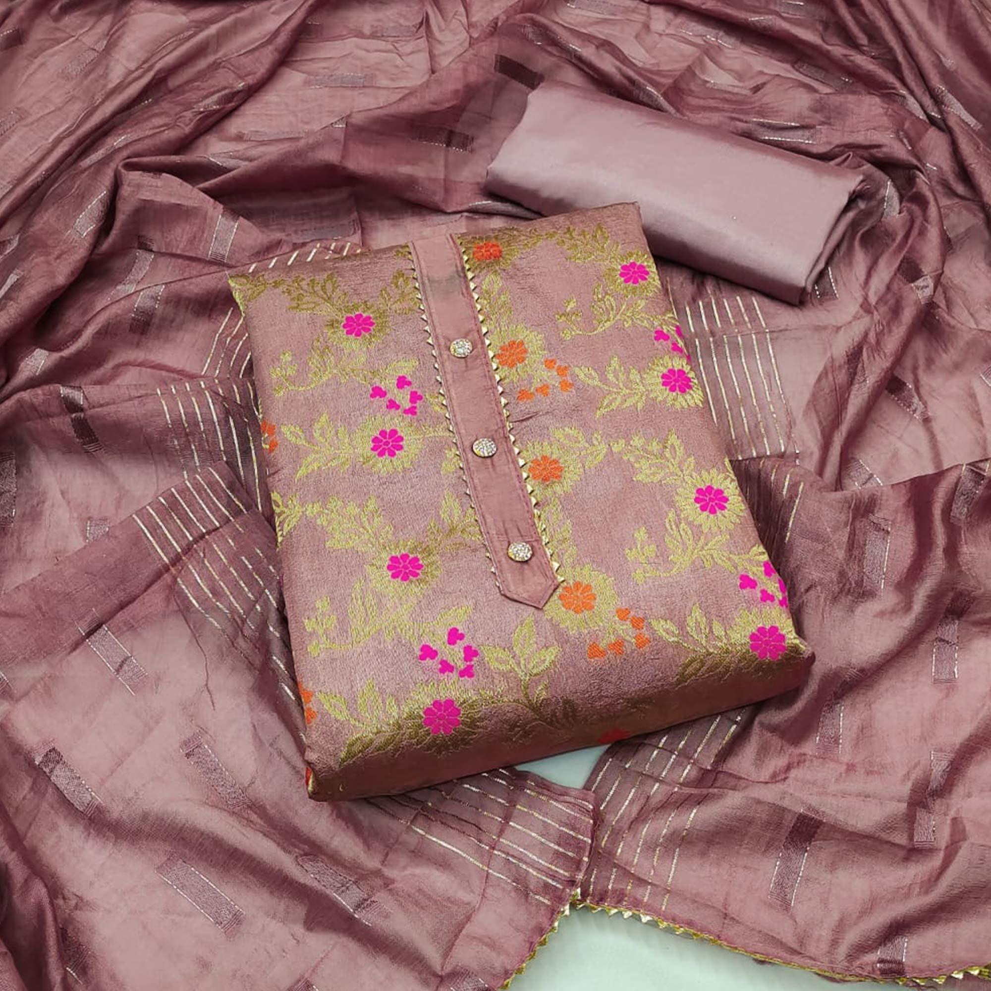 Mauve Woven Jacquard Dress Material - Peachmode