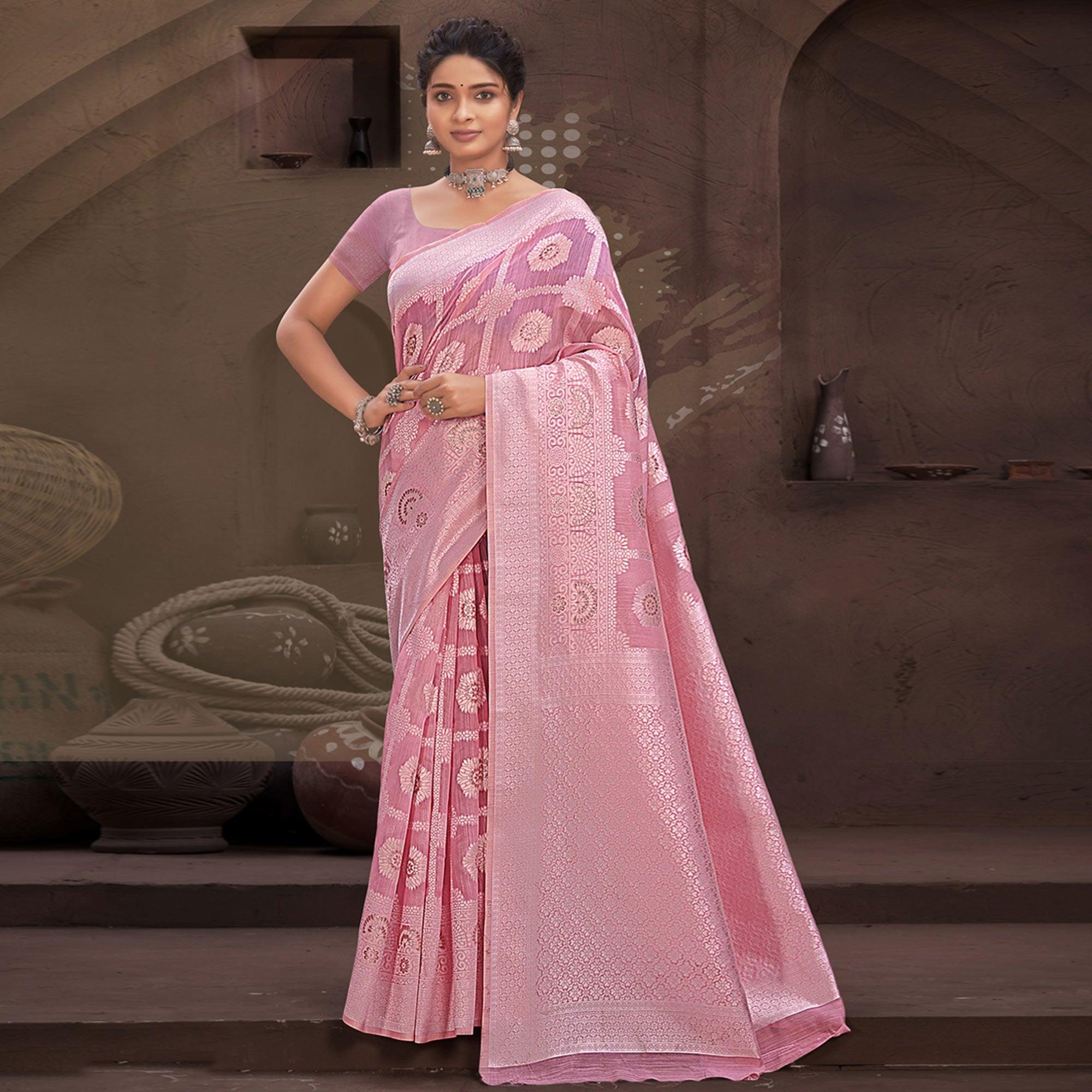 Mauve Woven Poly Cotton Saree - Peachmode