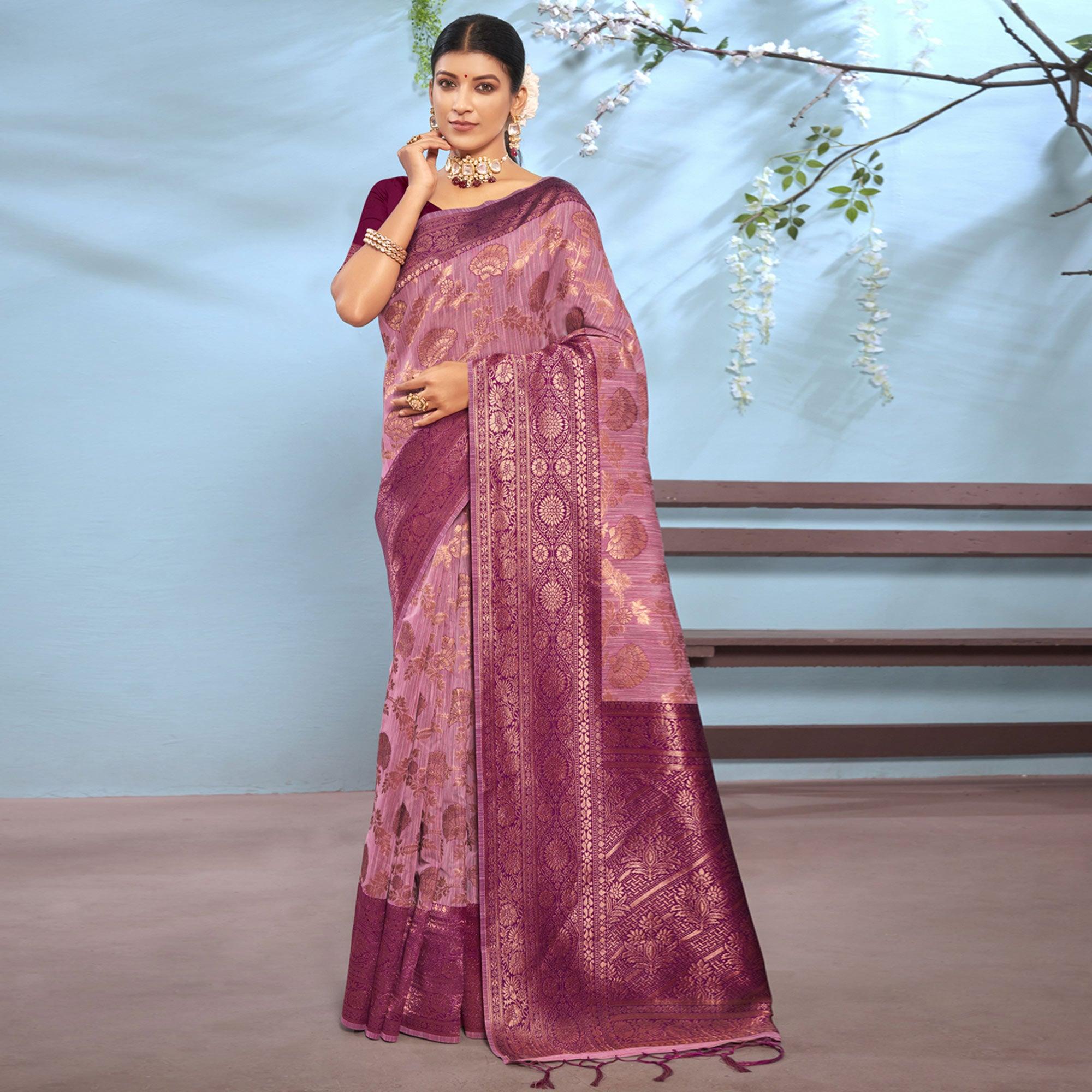 Mauve Woven Poly Cotton Saree With Tassels - Peachmode