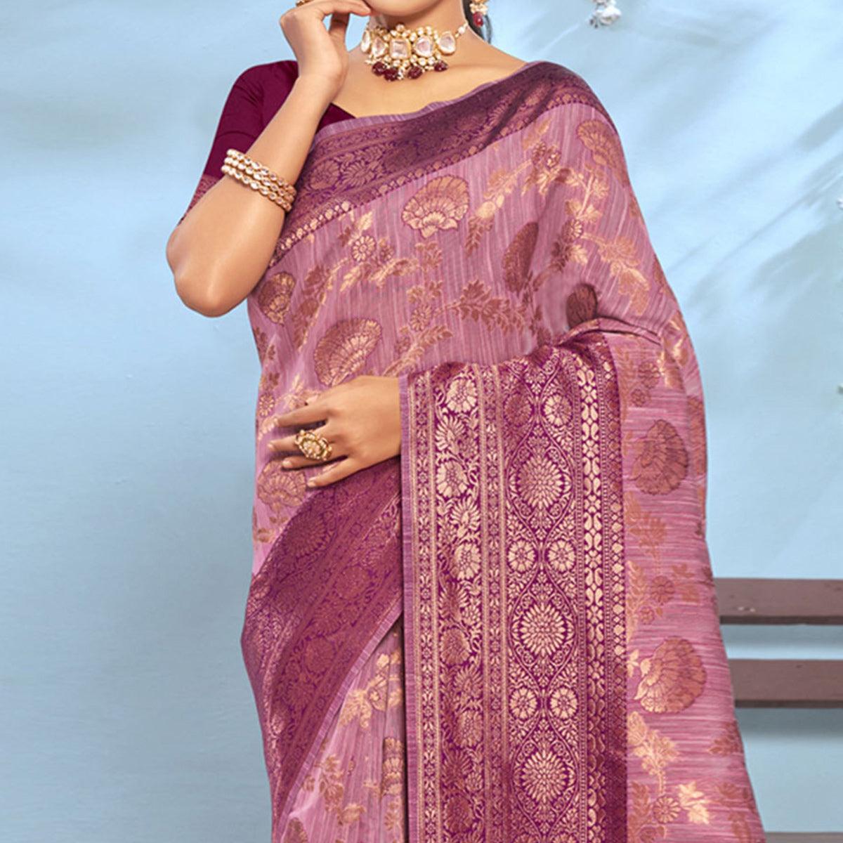 Mauve Woven Poly Cotton Saree With Tassels - Peachmode