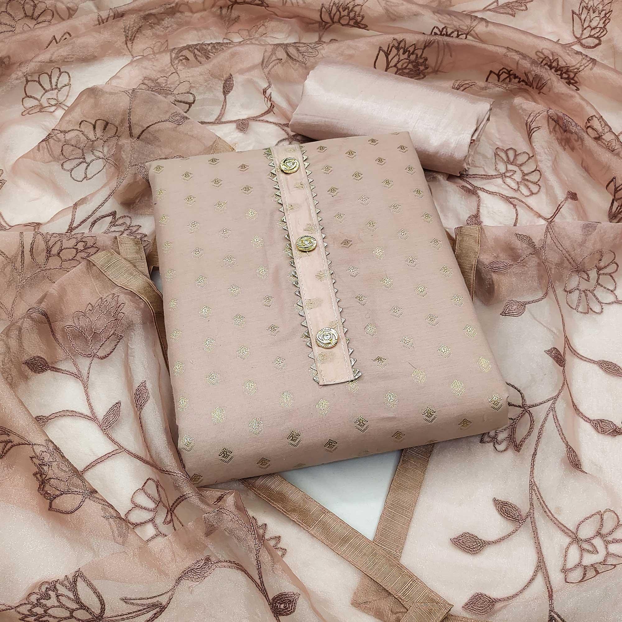Mauve Woven With Gota Work Cotton Blend Dress Material - Peachmode