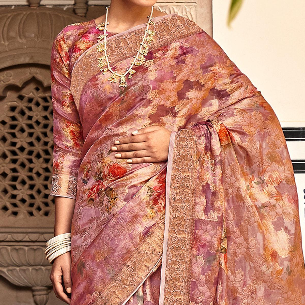 Mauve Woven With Printed Cotton Silk Saree With Tassels - Peachmode