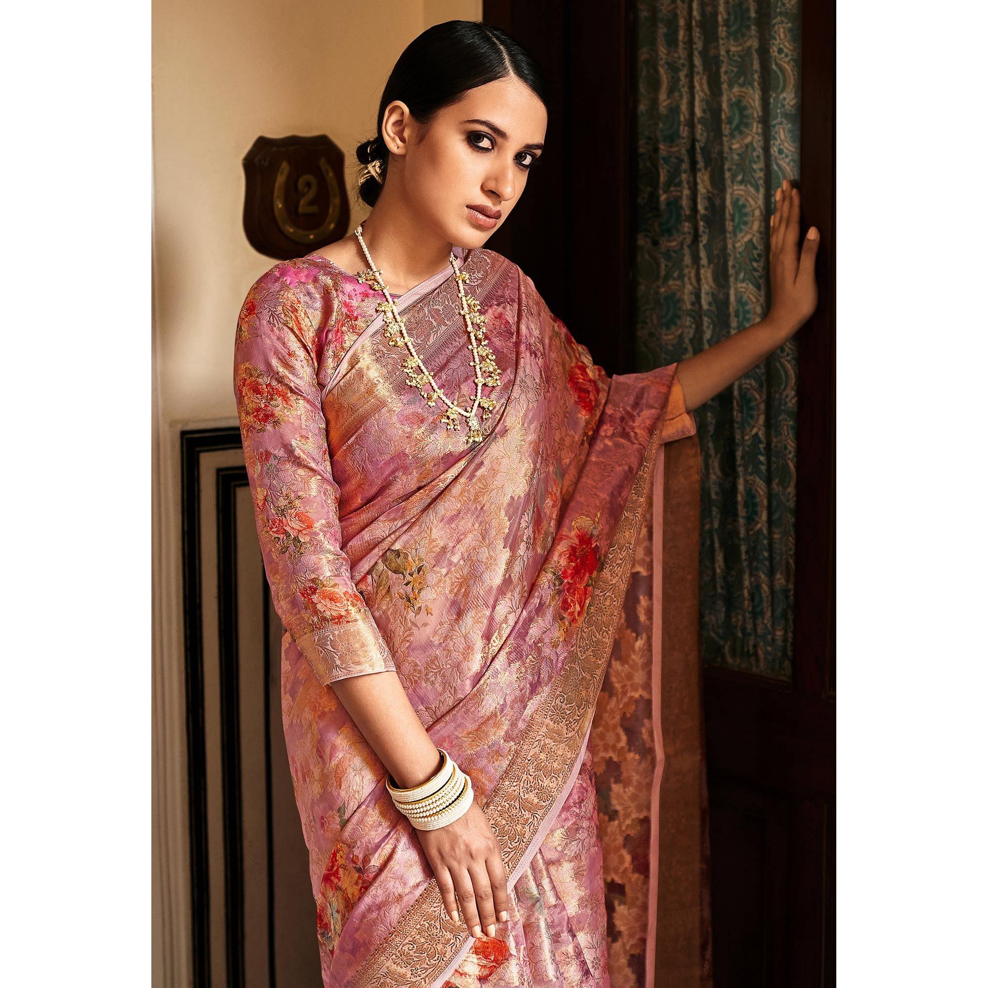 Mauve Woven With Printed Cotton Silk Saree With Tassels - Peachmode