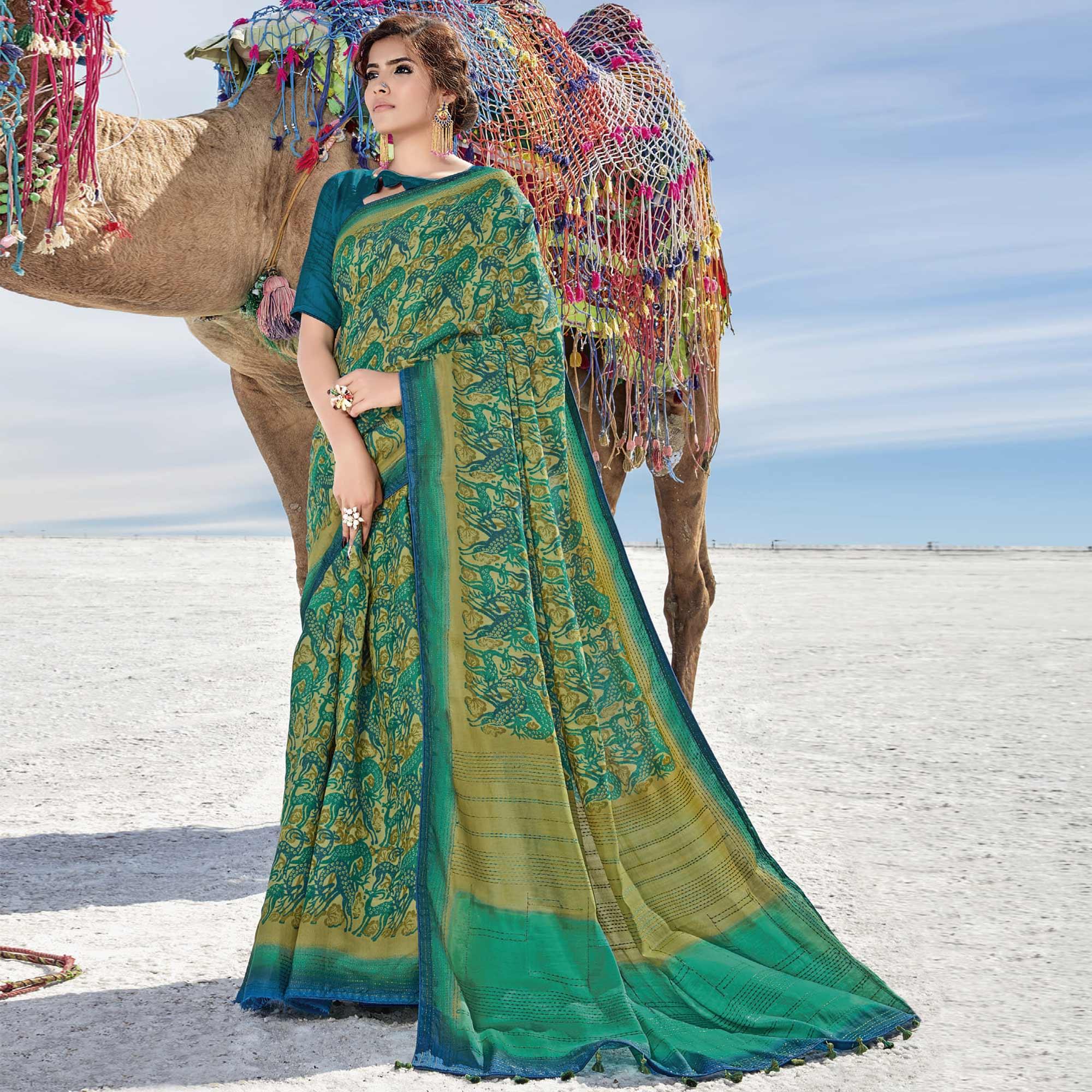 Mehandi  Casual Wear Printed Cotton Silk Saree - Peachmode