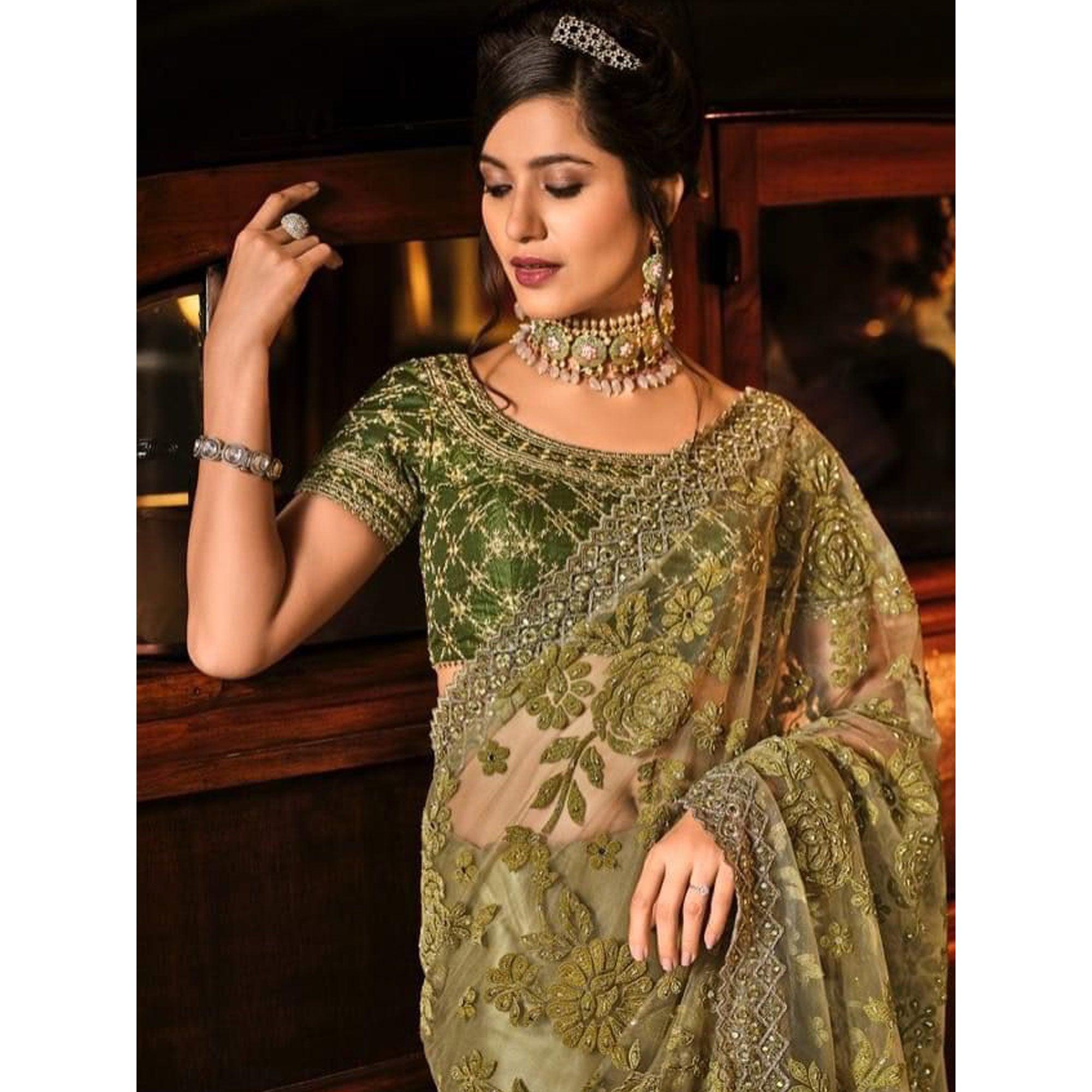 Mehandi Green Partywear Embroidered Mirror Work Net Saree - Peachmode
