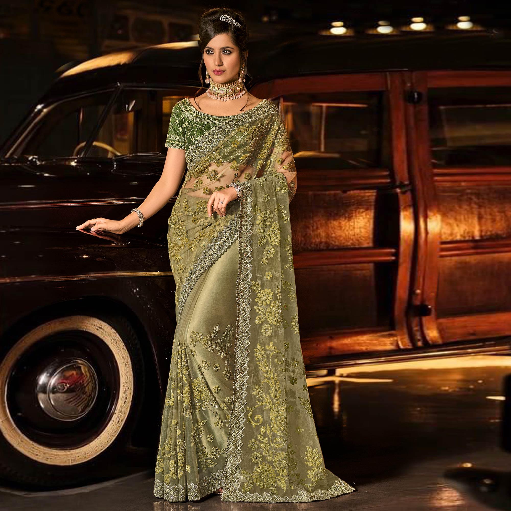Mehandi Green Partywear Embroidered Mirror Work Net Saree - Peachmode