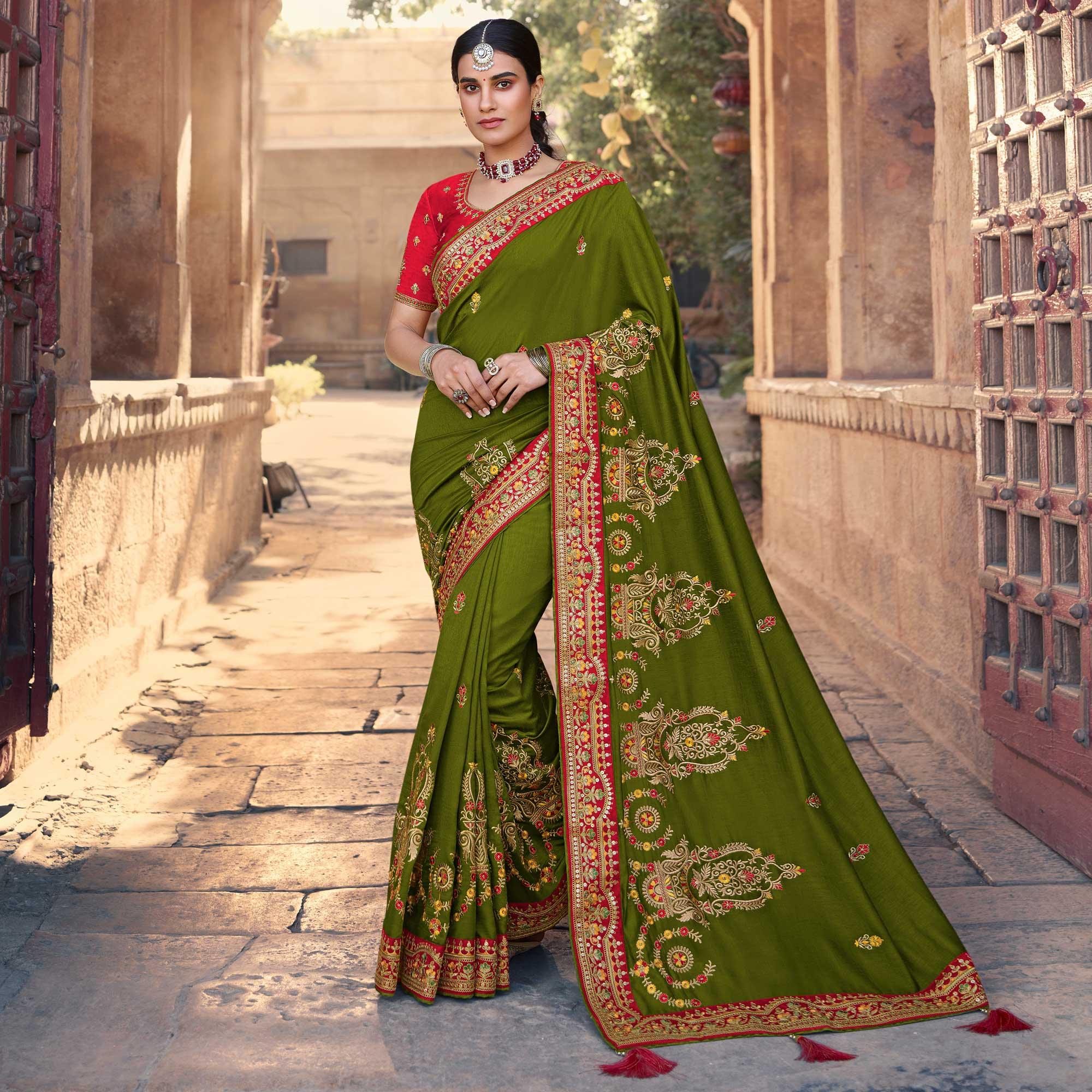 Mehandi Green Partywear Embroidered Silk Saree - Peachmode