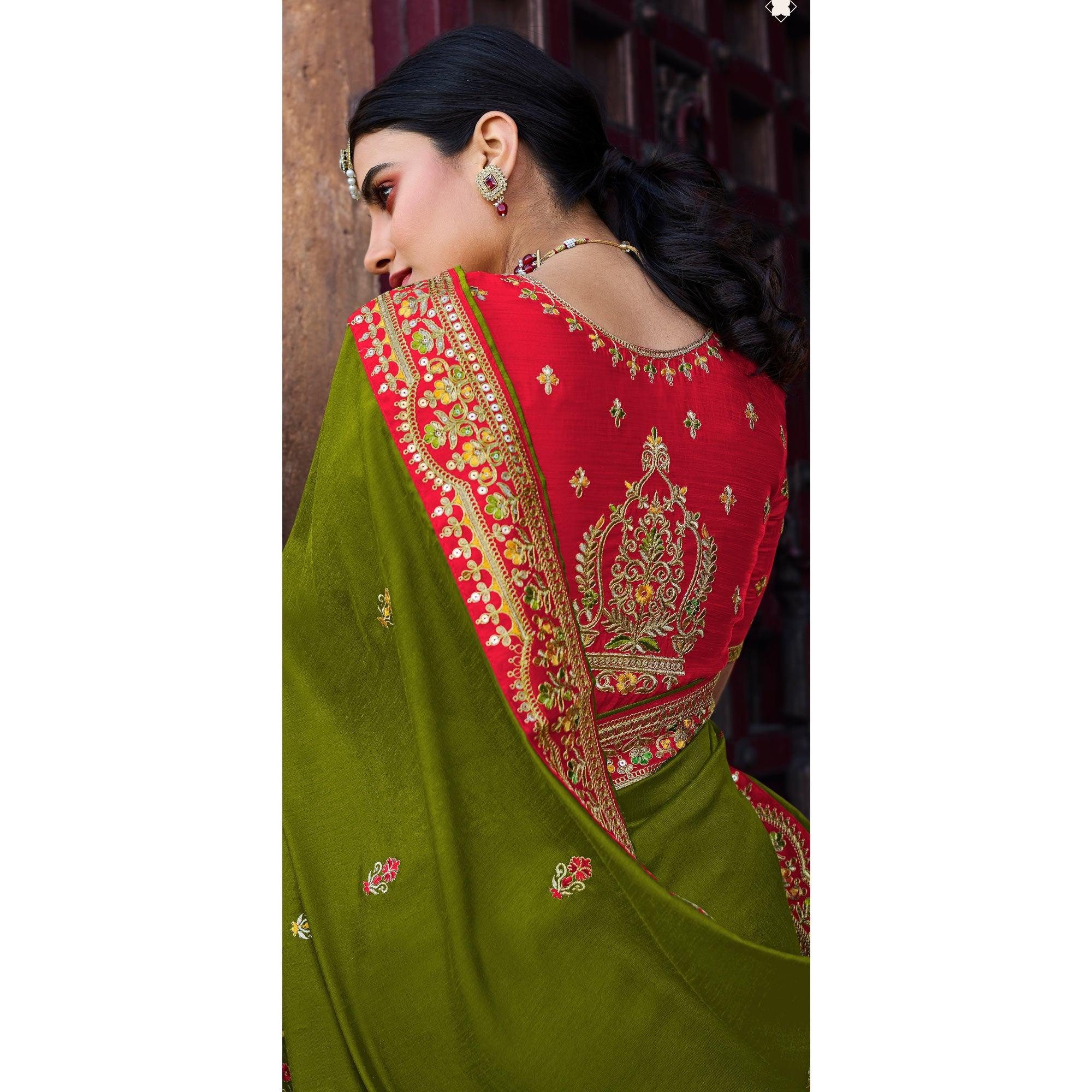 Mehandi Green Partywear Embroidered Silk Saree - Peachmode