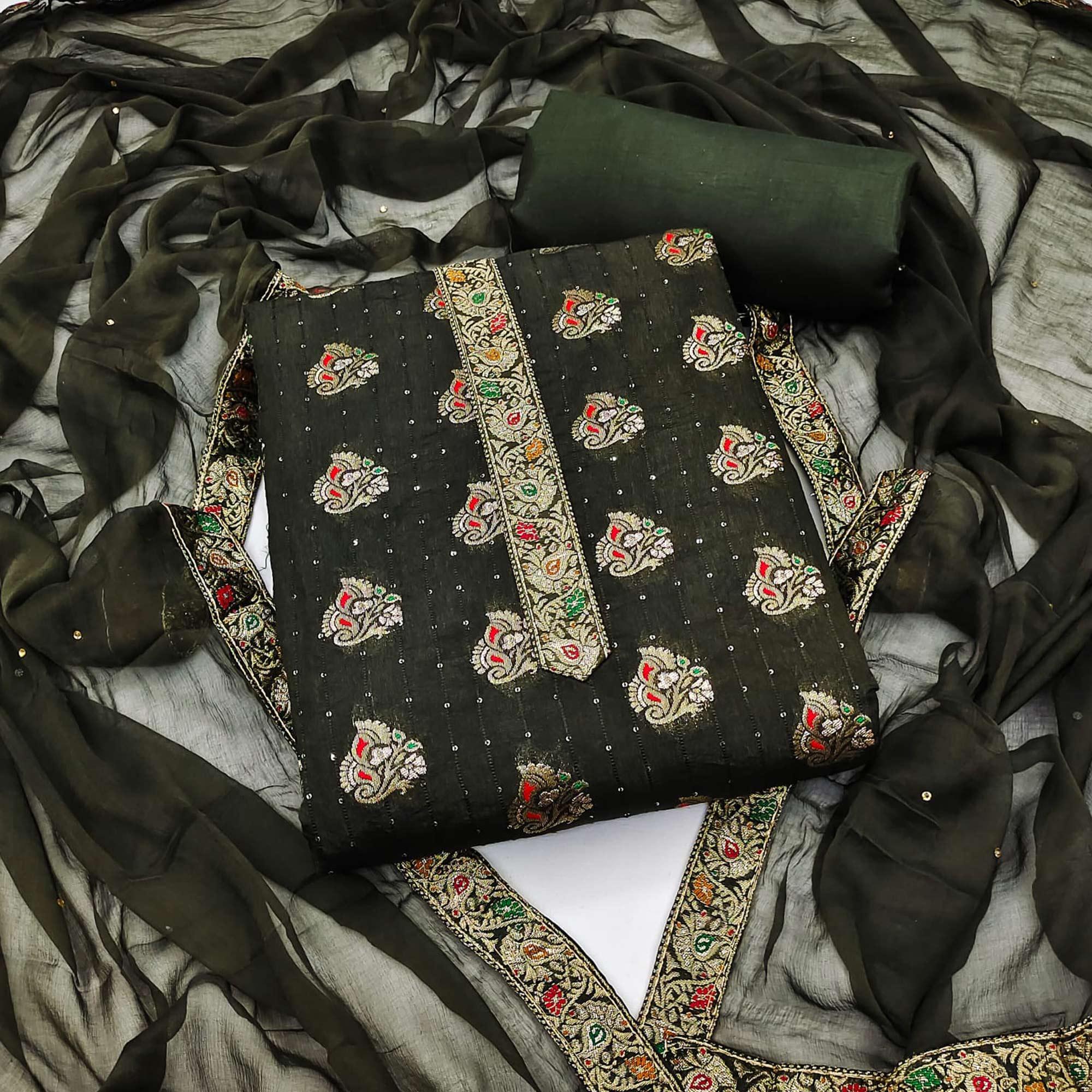 Mehandi Green Woven With Sequence Art Silk Dress Material - Peachmode