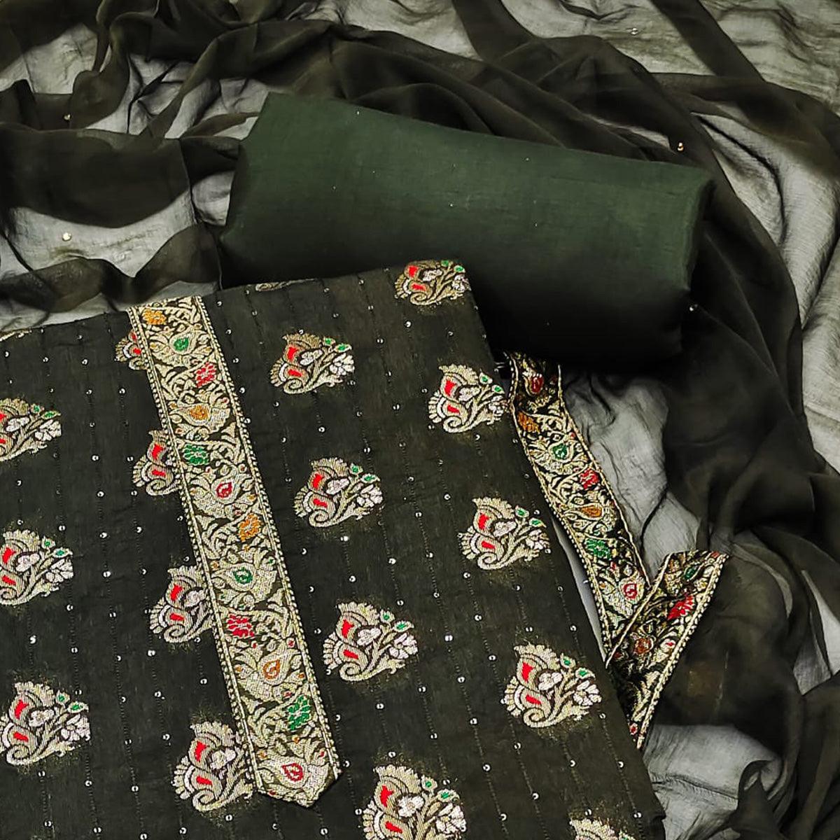 Mehandi Green Woven With Sequence Art Silk Dress Material - Peachmode