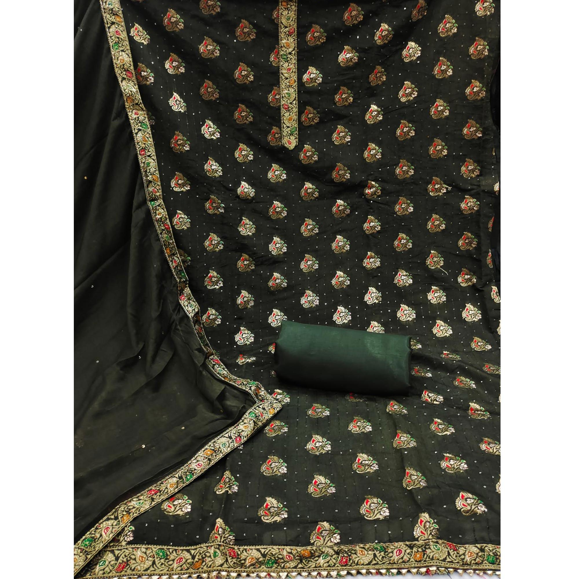 Mehandi Green Woven With Sequence Art Silk Dress Material - Peachmode