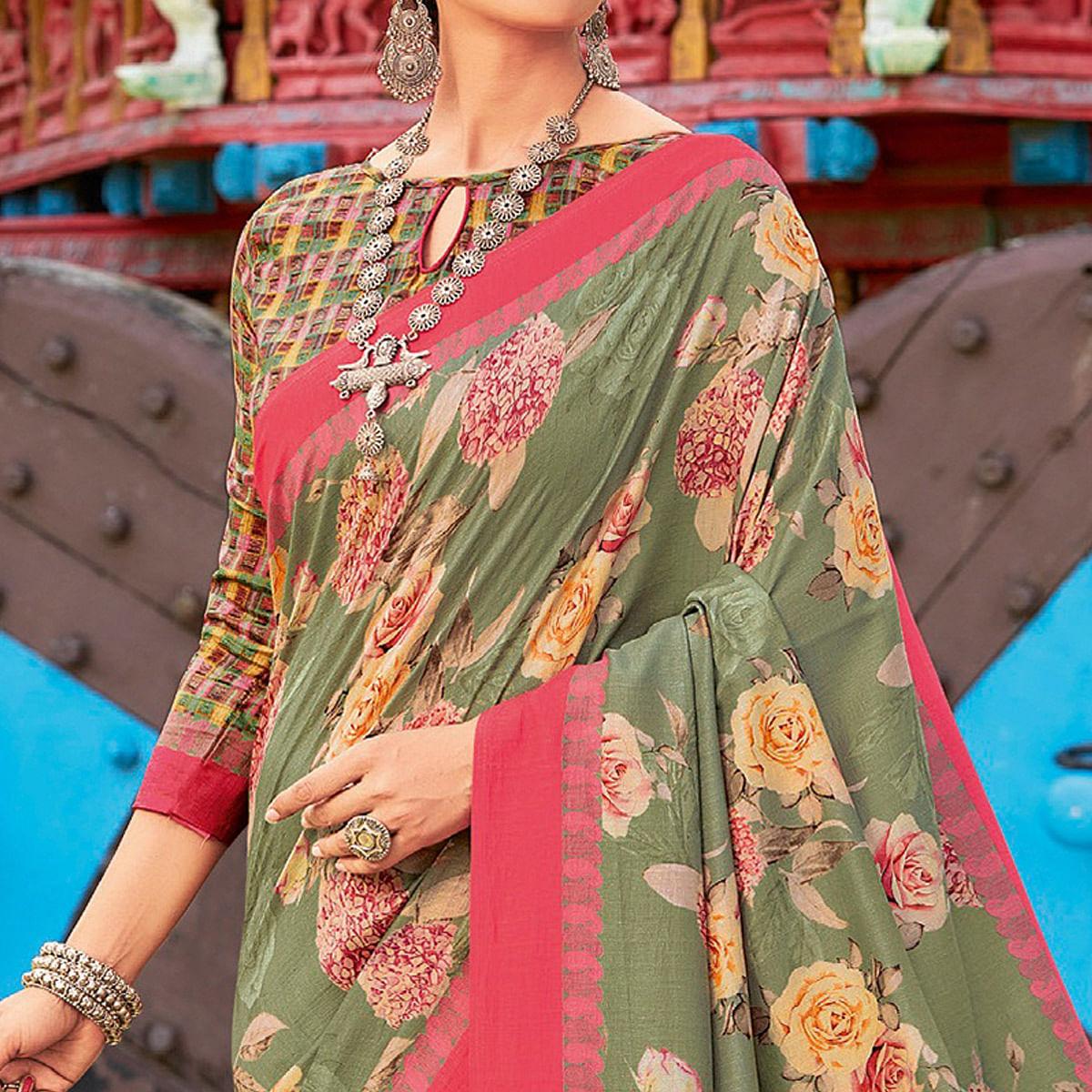 Mehendi & Pink Casual Wear Printed Silk Saree - Peachmode