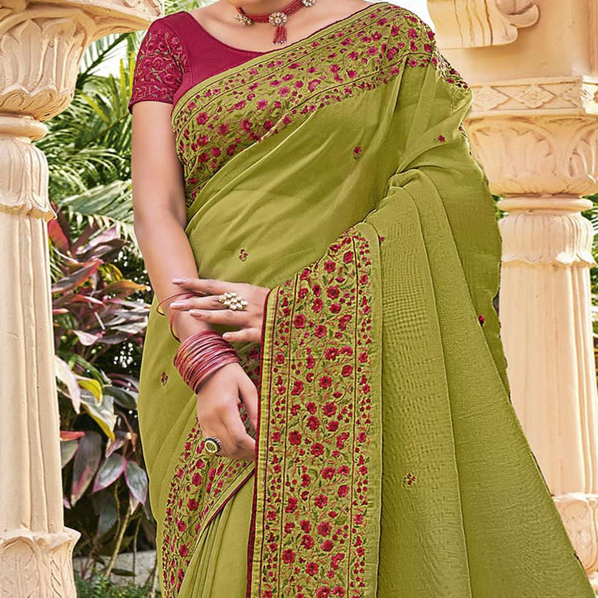 Mehendi Embroidered Georgette Saree - Peachmode