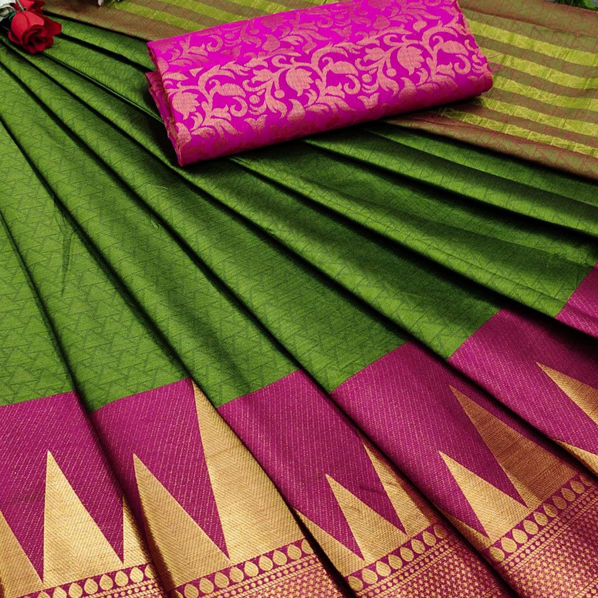 Mehendi Festive Wear Jacquard Woven Border Heavy Cotton Silk Saree - Peachmode