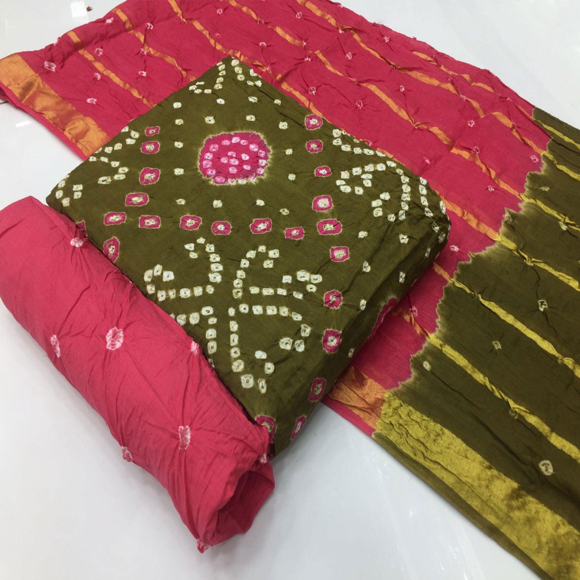 Mehendi Green Bandhani Printed Pure Cotton Dress Material - Peachmode