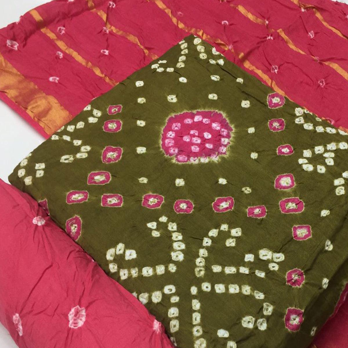 Mehendi Green Bandhani Printed Pure Cotton Dress Material - Peachmode