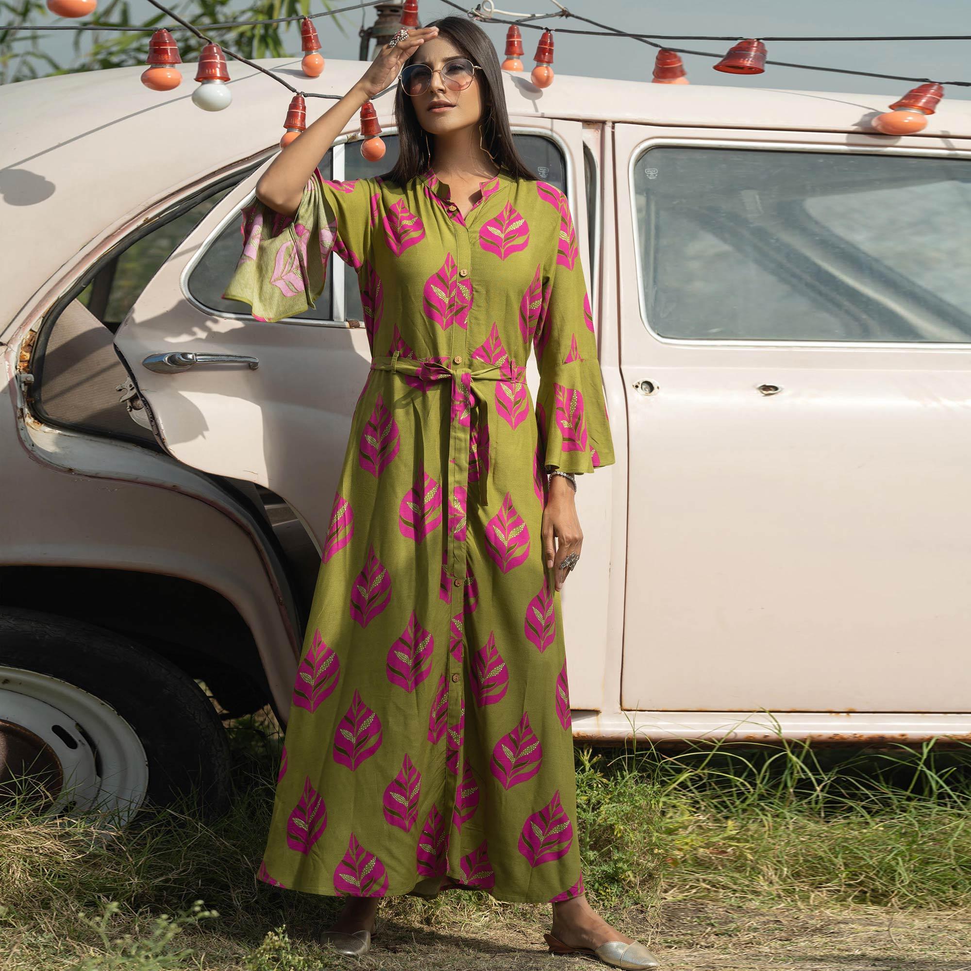 Mehendi Green Casual Ankle Length Printed Rayon Gown With Belt - Peachmode