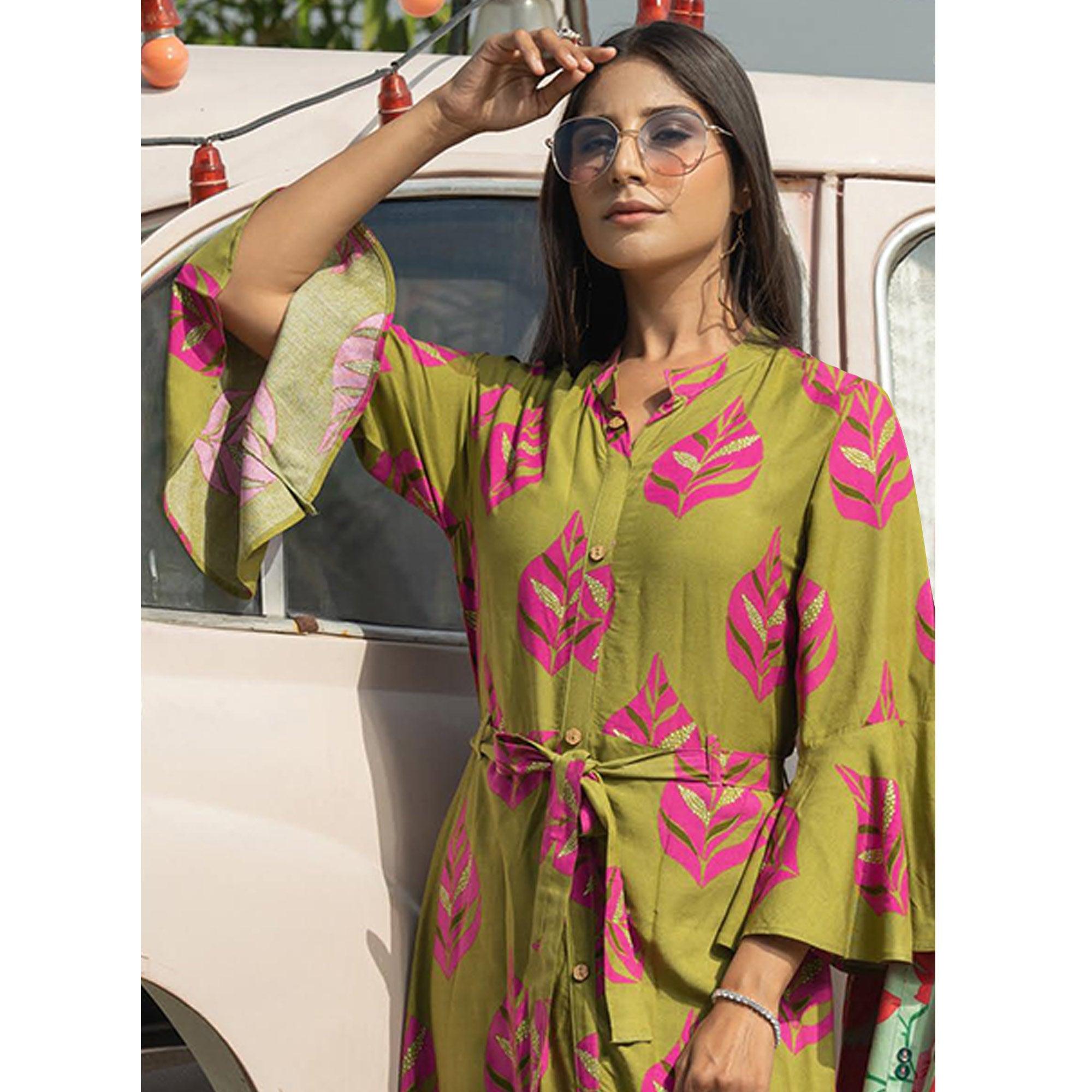 Mehendi Green Casual Ankle Length Printed Rayon Gown With Belt - Peachmode
