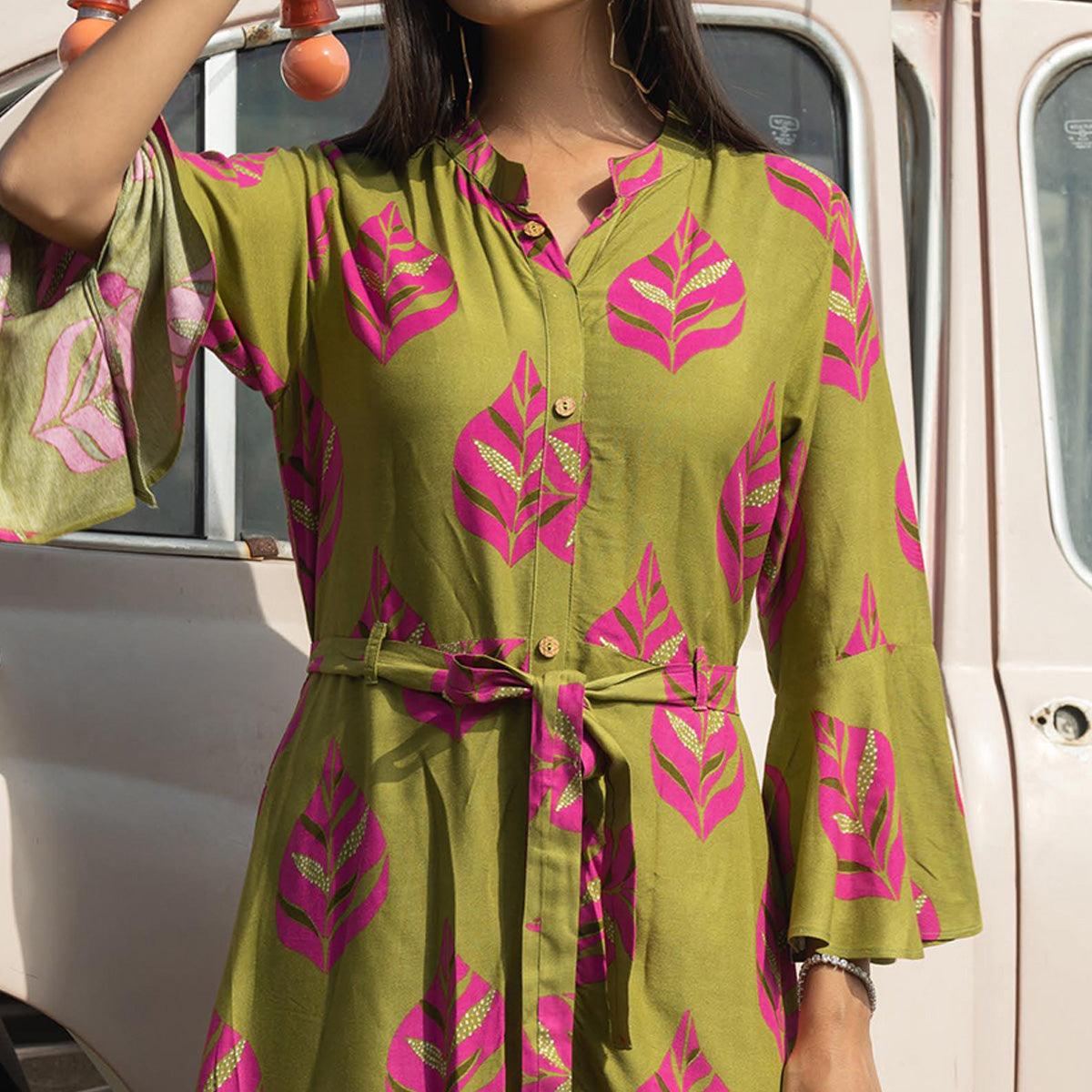 Mehendi Green Casual Ankle Length Printed Rayon Gown With Belt - Peachmode