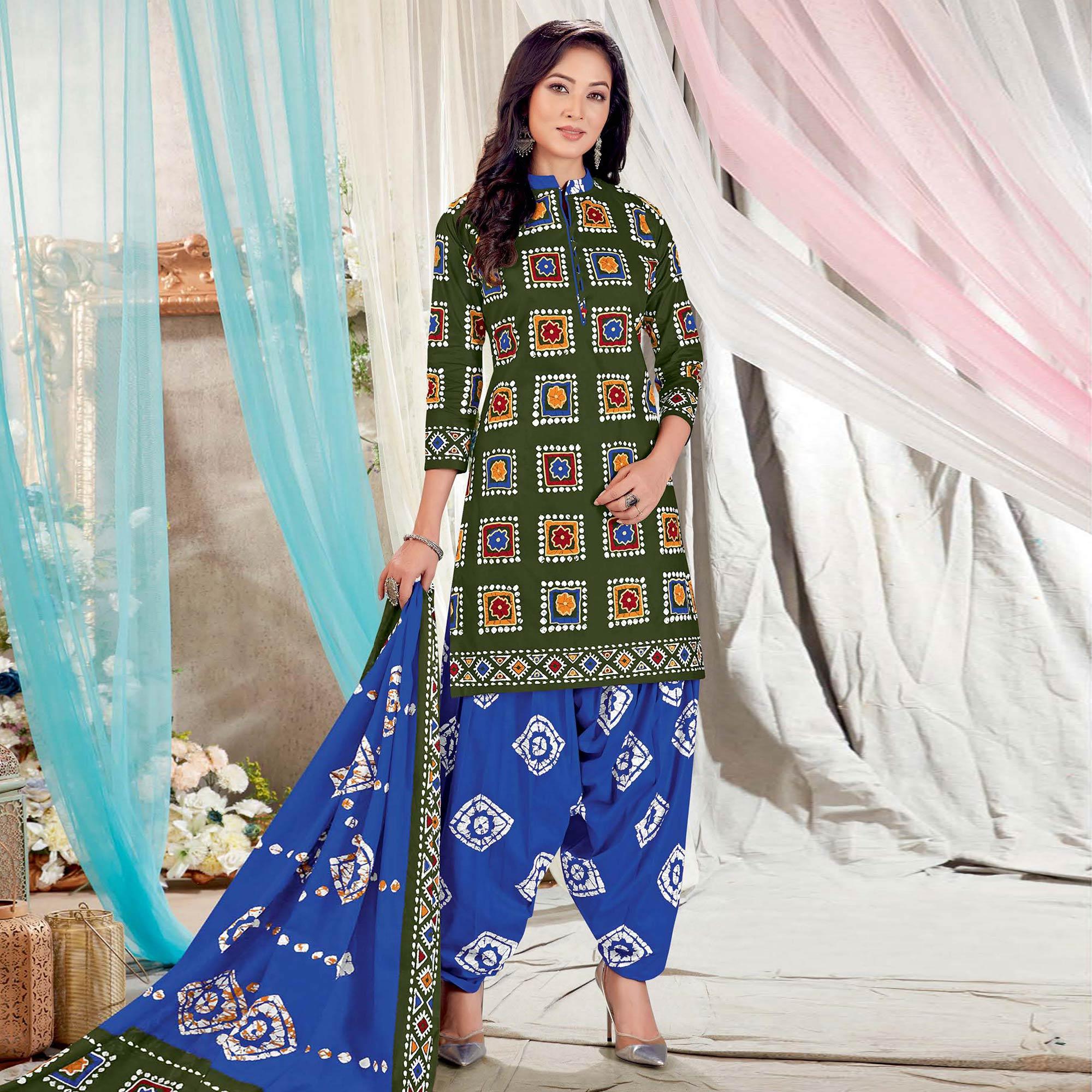 Mehendi Green Casual Wear Batik Printed Cotton Patiala Dress Material - Peachmode