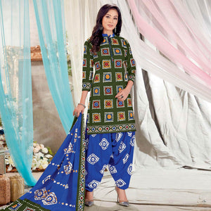 Mehendi Green Casual Wear Batik Printed Cotton Patiala Dress Material - Peachmode