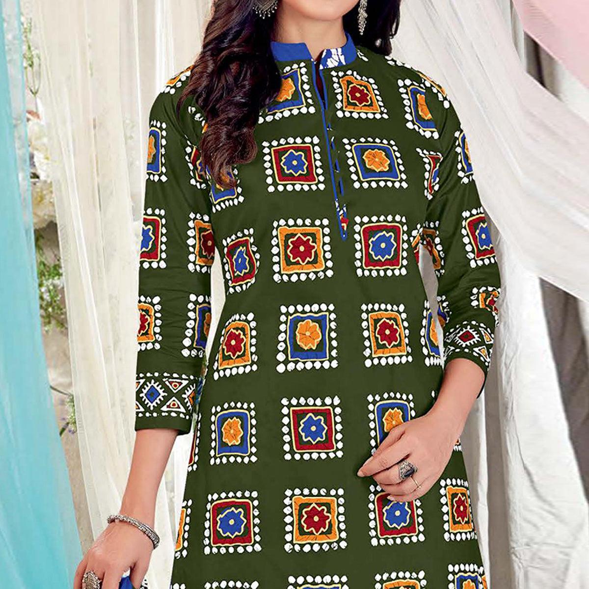 Mehendi Green Casual Wear Batik Printed Cotton Patiala Dress Material - Peachmode