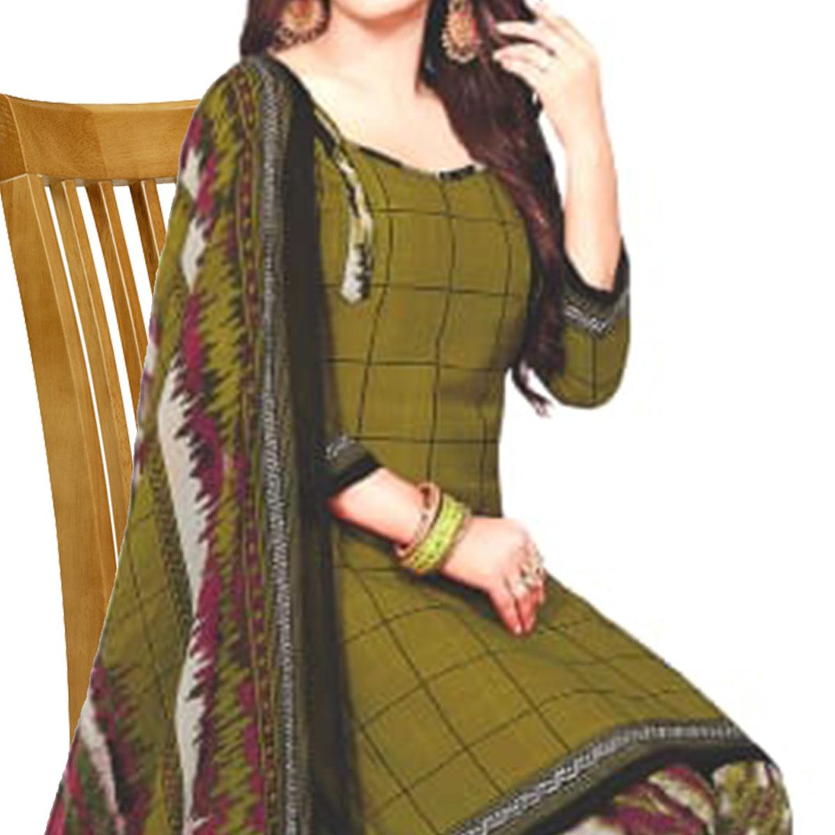 Mehendi Green Casual Wear Checks Printed Leon Patiala Dress Material - Peachmode