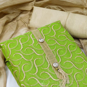 Mehendi Green Casual Wear Embroidered Chanderi Dress Material - Peachmode