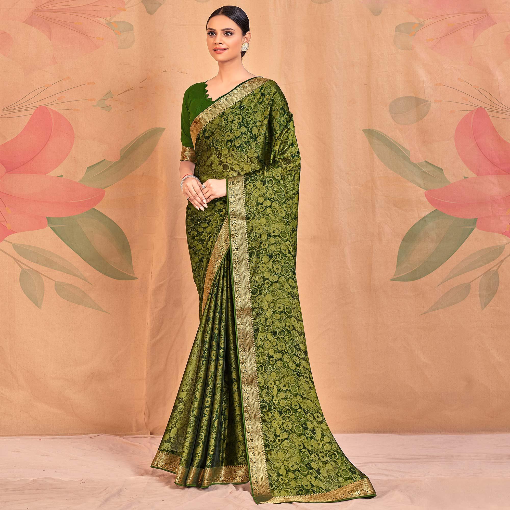 Mehendi Green Casual Wear Printed Chiffon Saree With Banarasi Lace - Peachmode