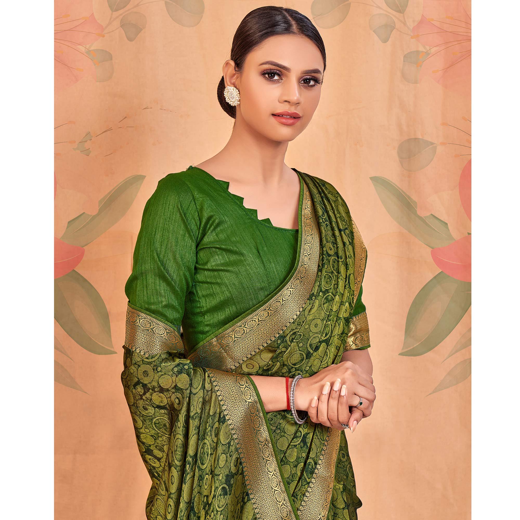 Mehendi Green Casual Wear Printed Chiffon Saree With Banarasi Lace - Peachmode