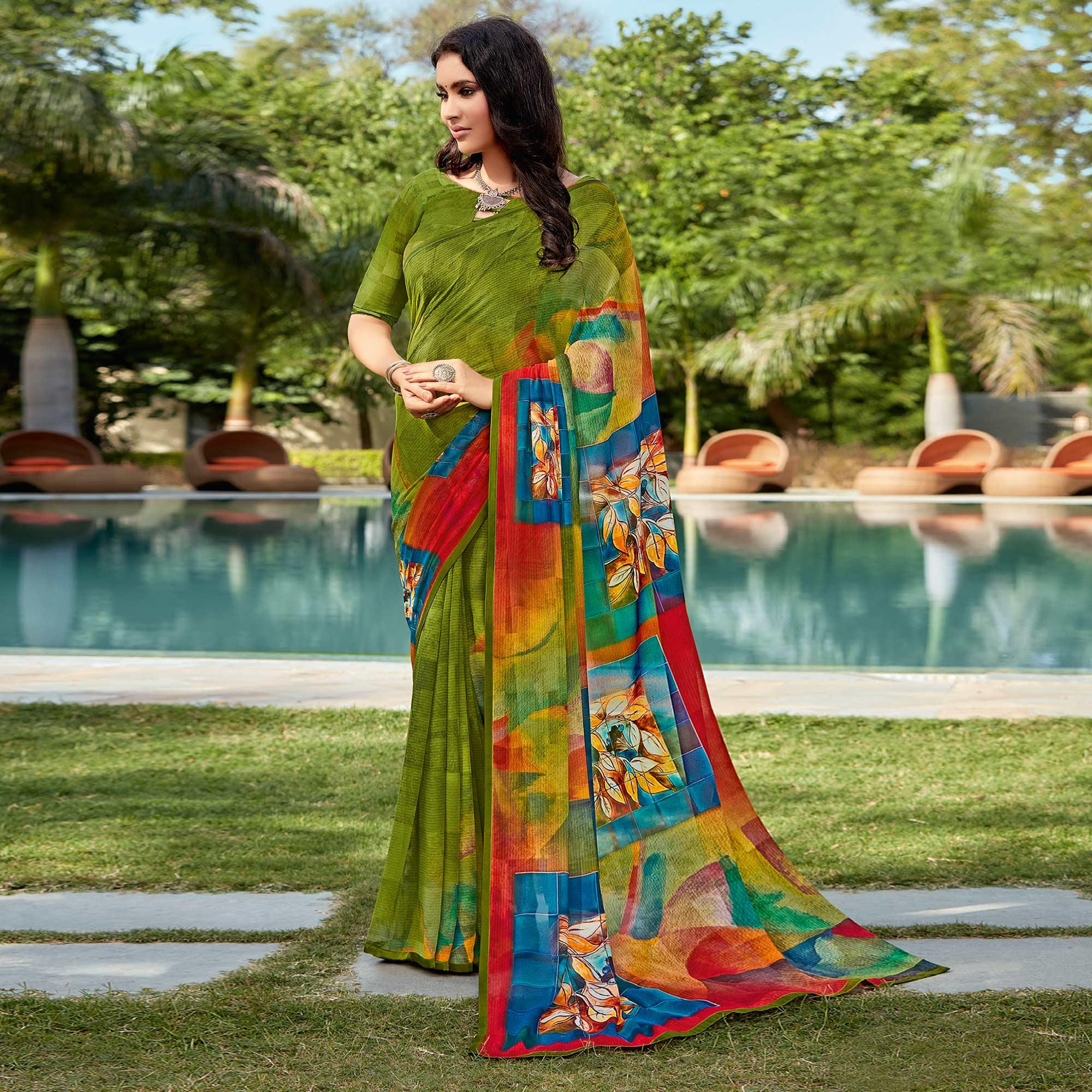 Mehendi Green Casual Wear Printed Georgette Saree - Peachmode