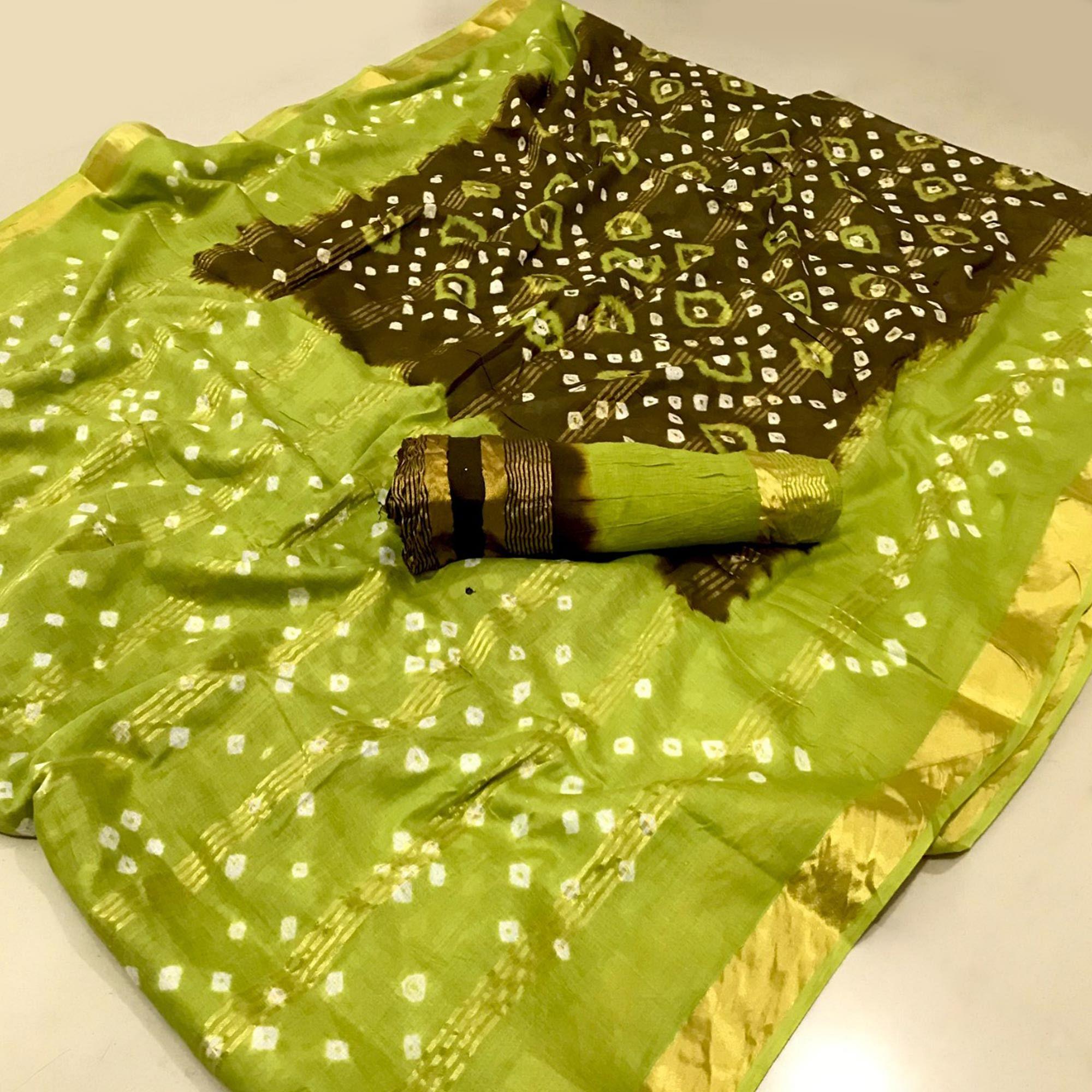 Mehendi Green Casual Wear Printed Pure Cotton Saree - Peachmode