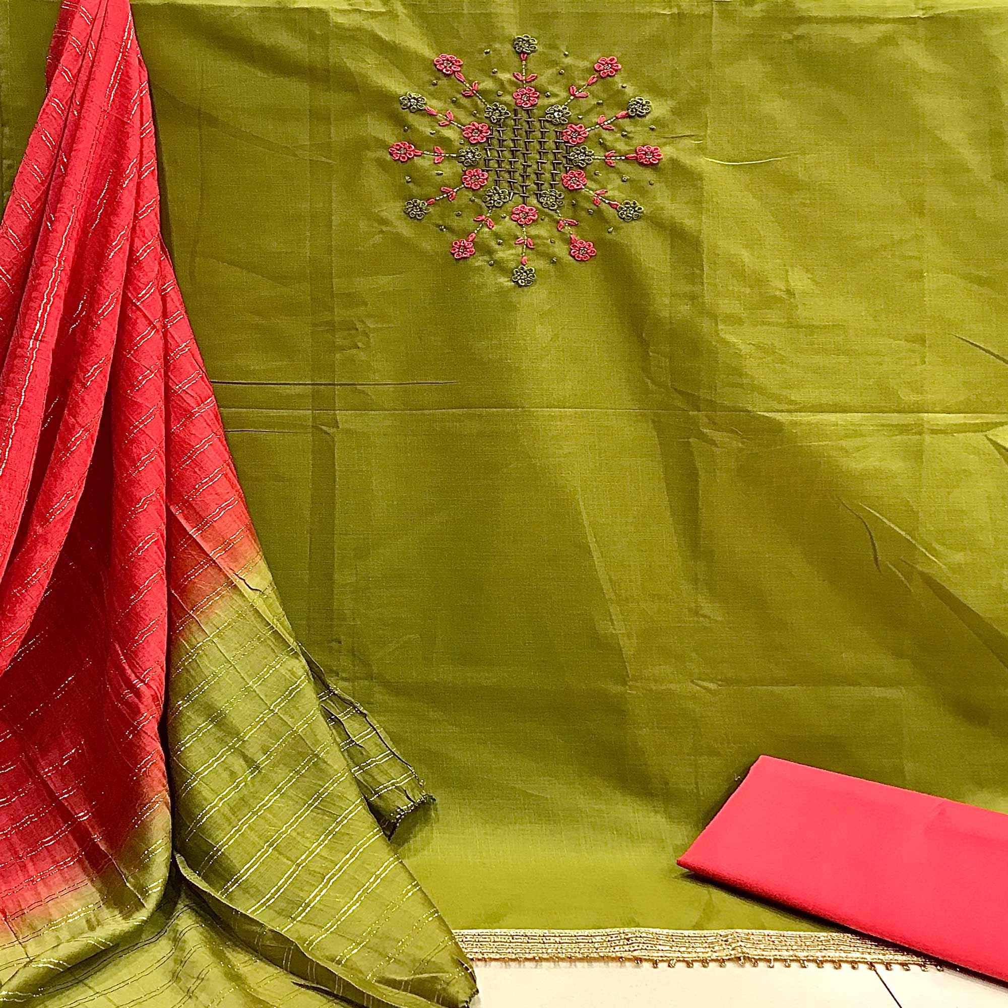 Mehendi Green Casual Wear Thread & Embellished Khatli Work Cotton Dress Material - Peachmode