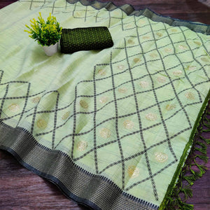 Mehendi Green Casual Wear Woven Cotton Saree With Mukaish Work - Peachmode