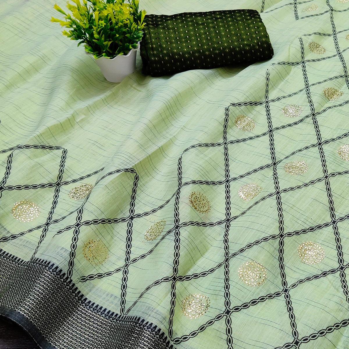 Mehendi Green Casual Wear Woven Cotton Saree With Mukaish Work - Peachmode