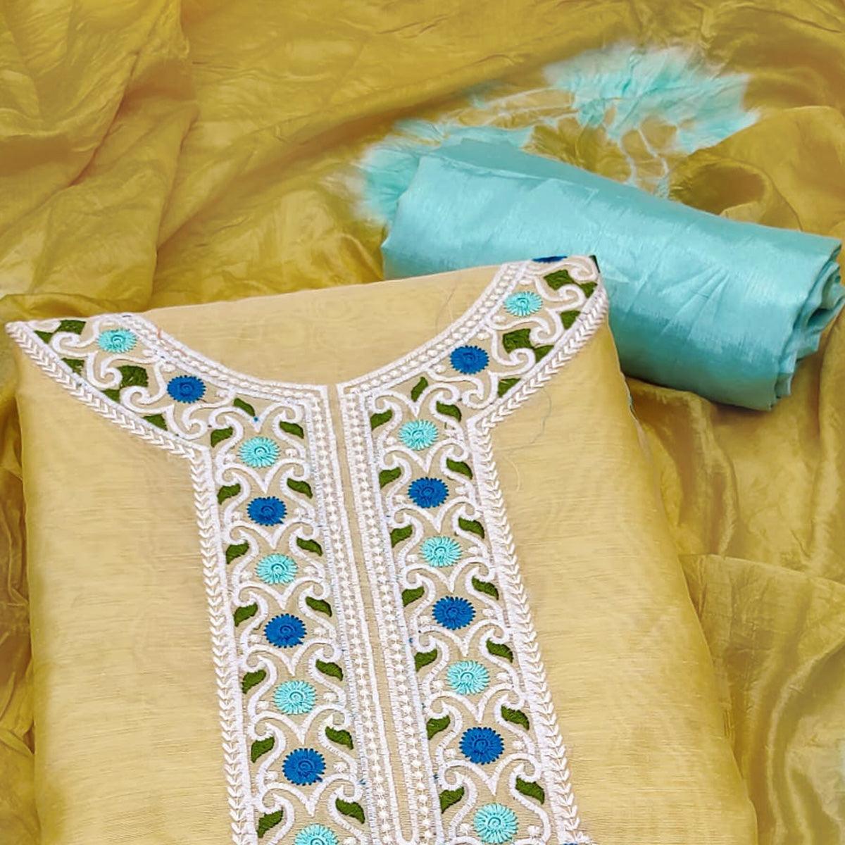 Mehendi Green Embroidered Chanderi Dress Material - Peachmode