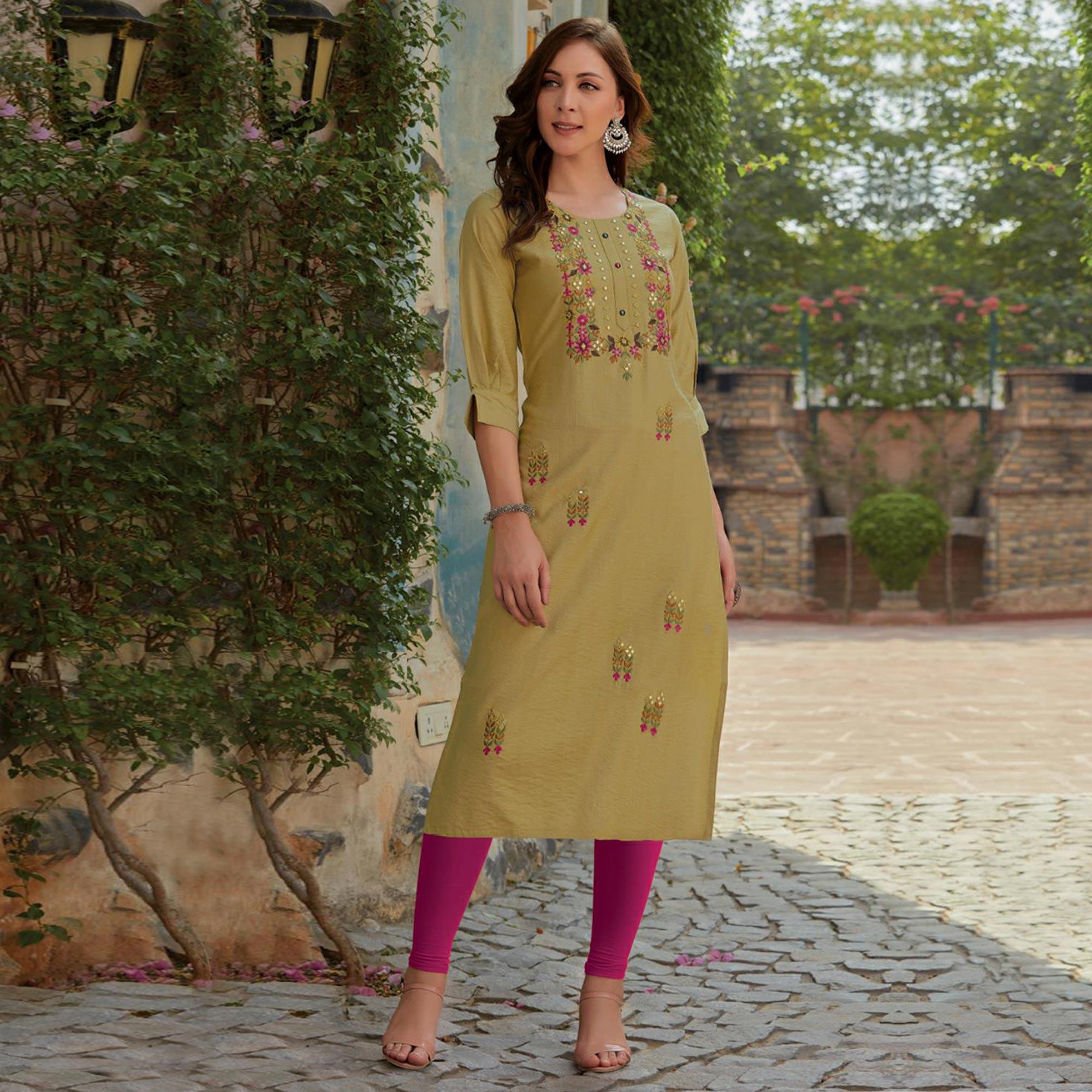 Mehendi Green Embroidered Cotton Silk Kurti - Peachmode