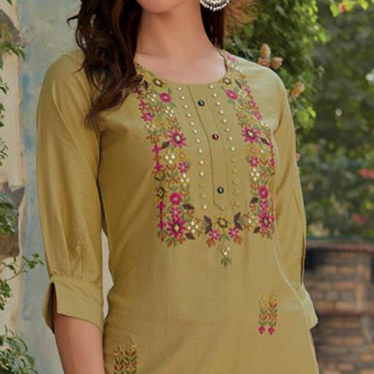 Mehendi Green Embroidered Cotton Silk Kurti - Peachmode