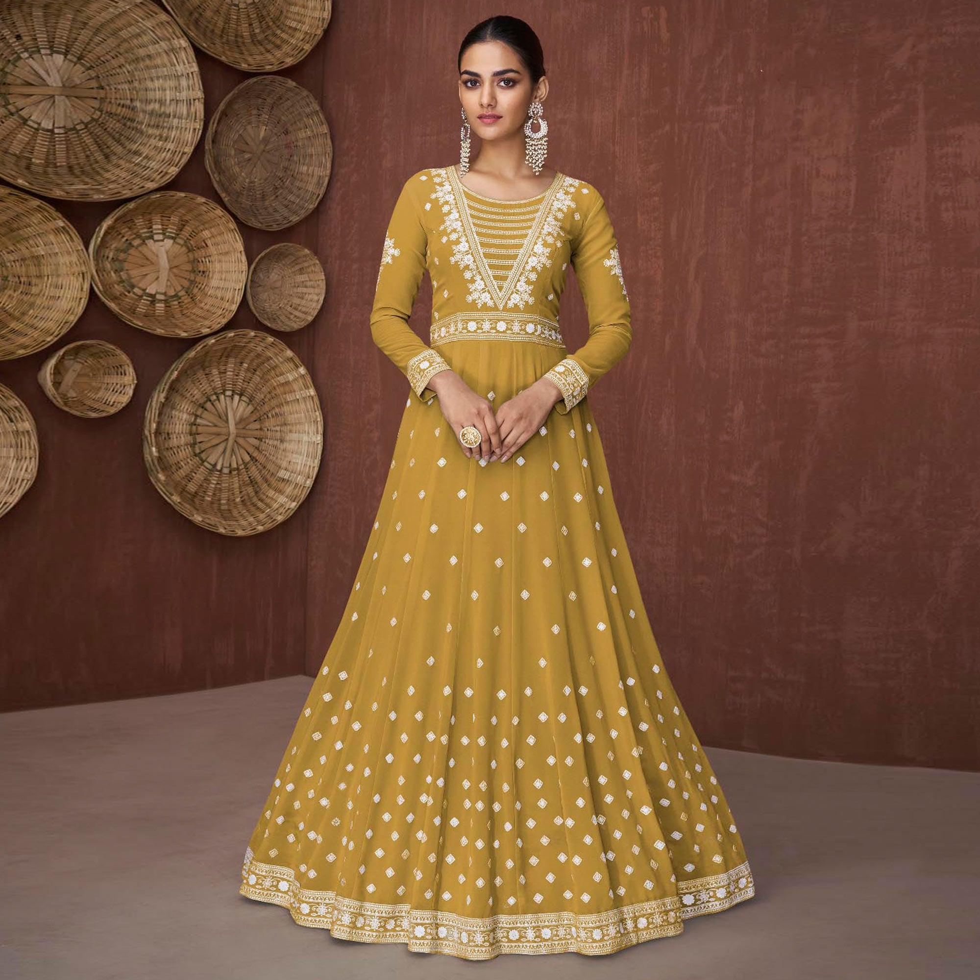 Mehendi Green Embroidered Georgette Gown - Peachmode