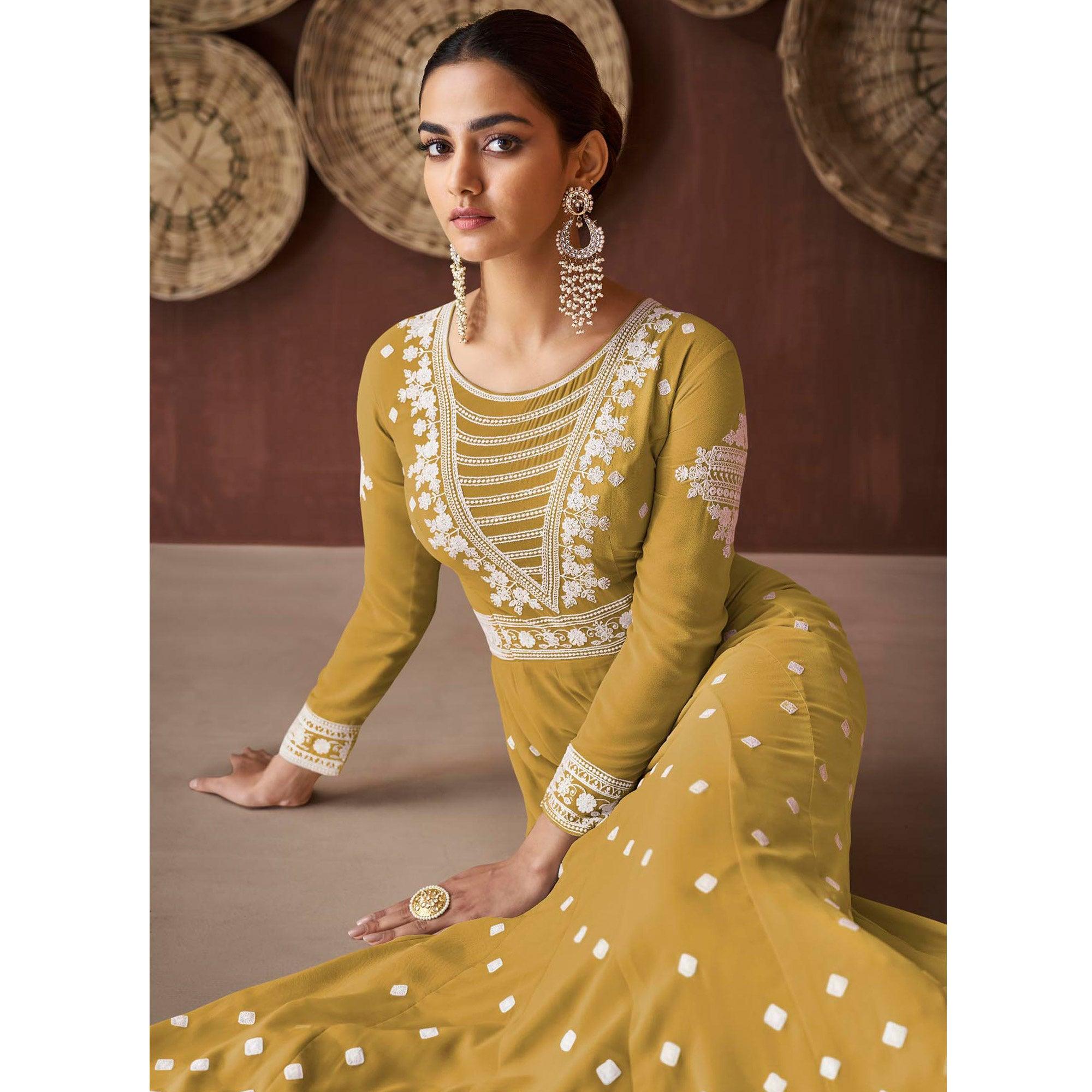 Mehendi Green Embroidered Georgette Gown - Peachmode