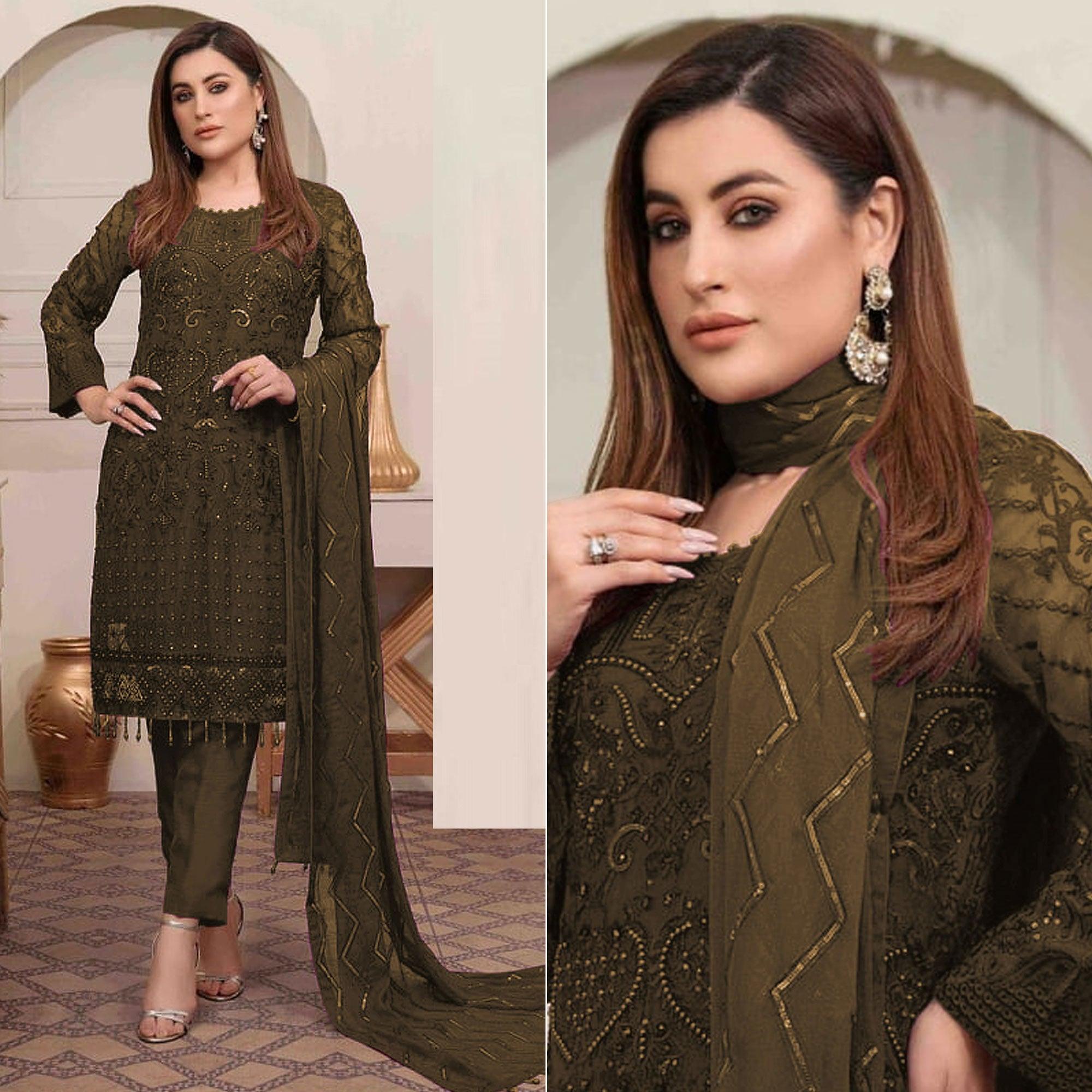 Mehendi Green Embroidered Georgette Pakistani Suit - Peachmode