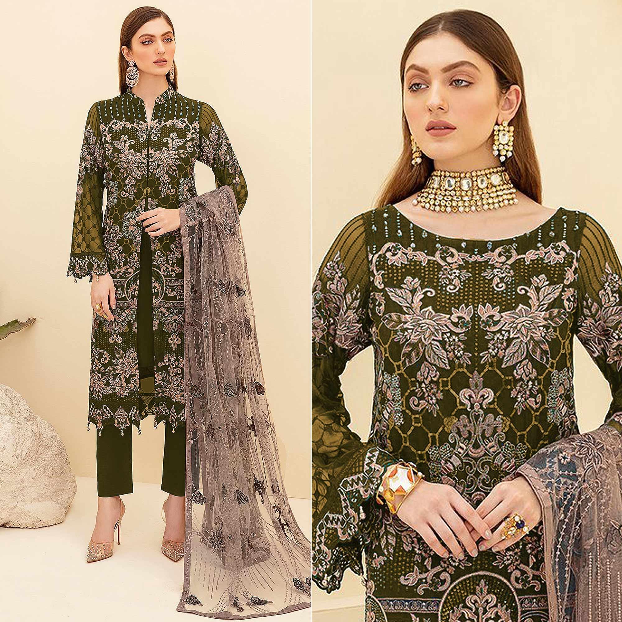 Mehendi Green Embroidered Georgette Pakistani Suit - Peachmode