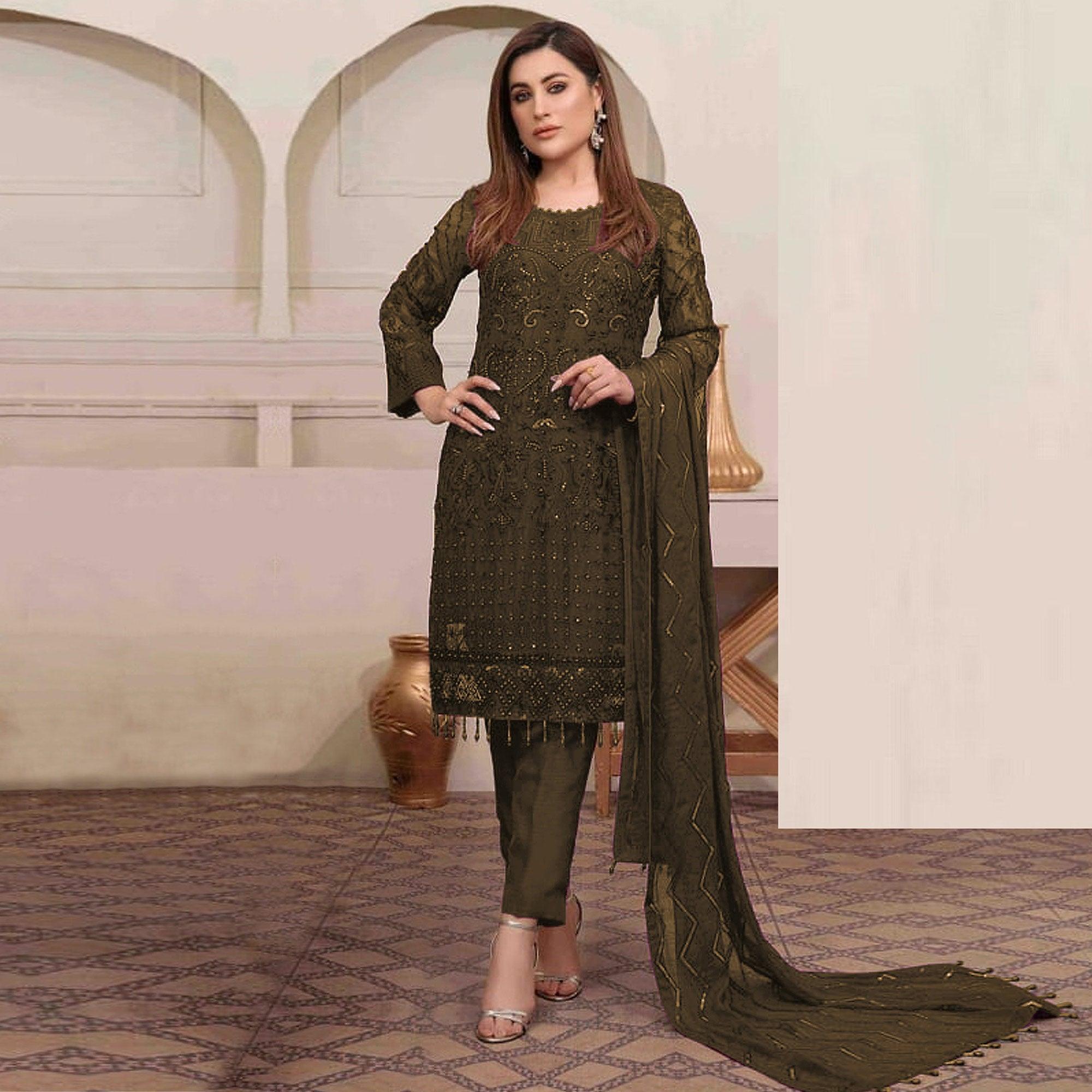 Mehendi Green Embroidered Georgette Pakistani Suit - Peachmode