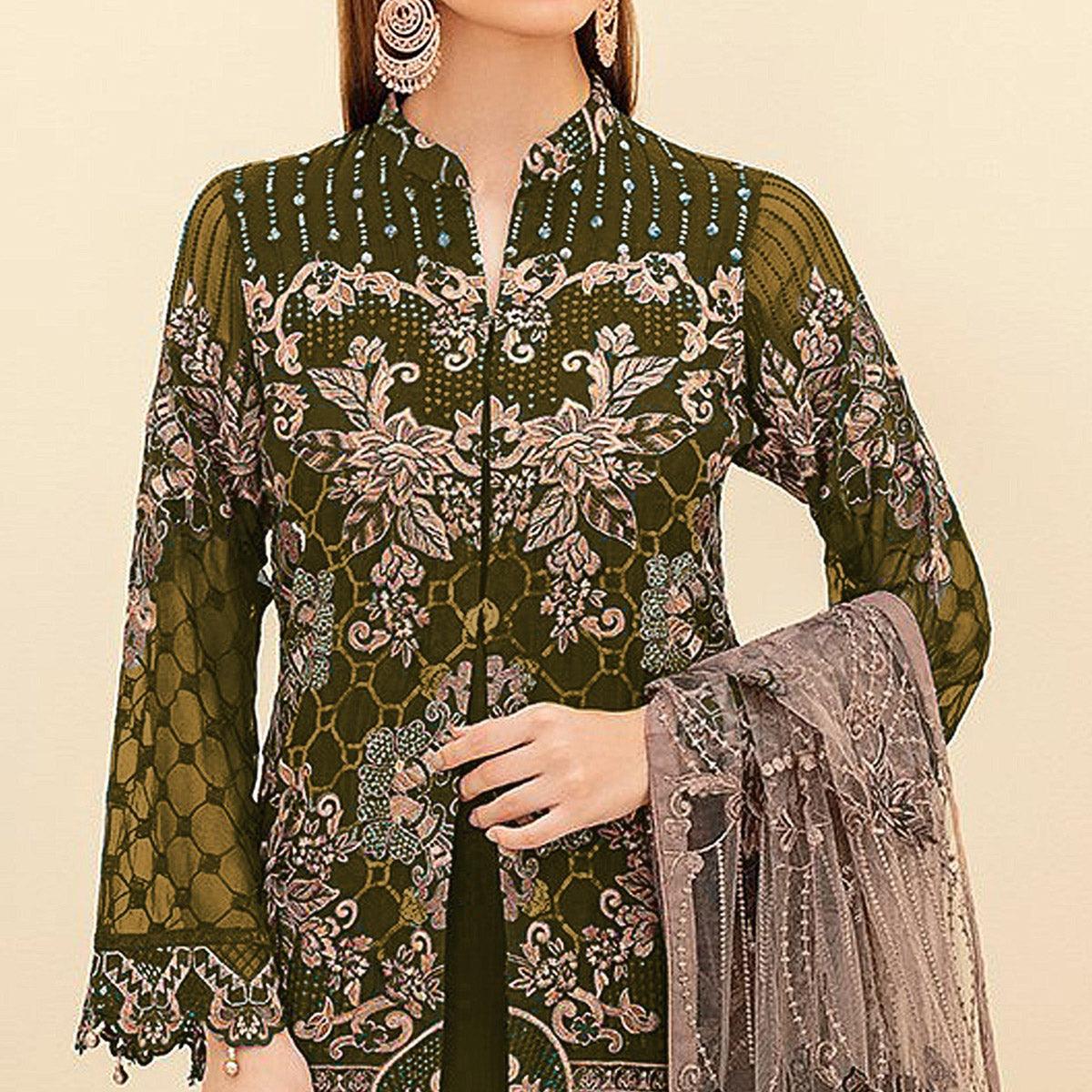 Mehendi Green Embroidered Georgette Pakistani Suit - Peachmode